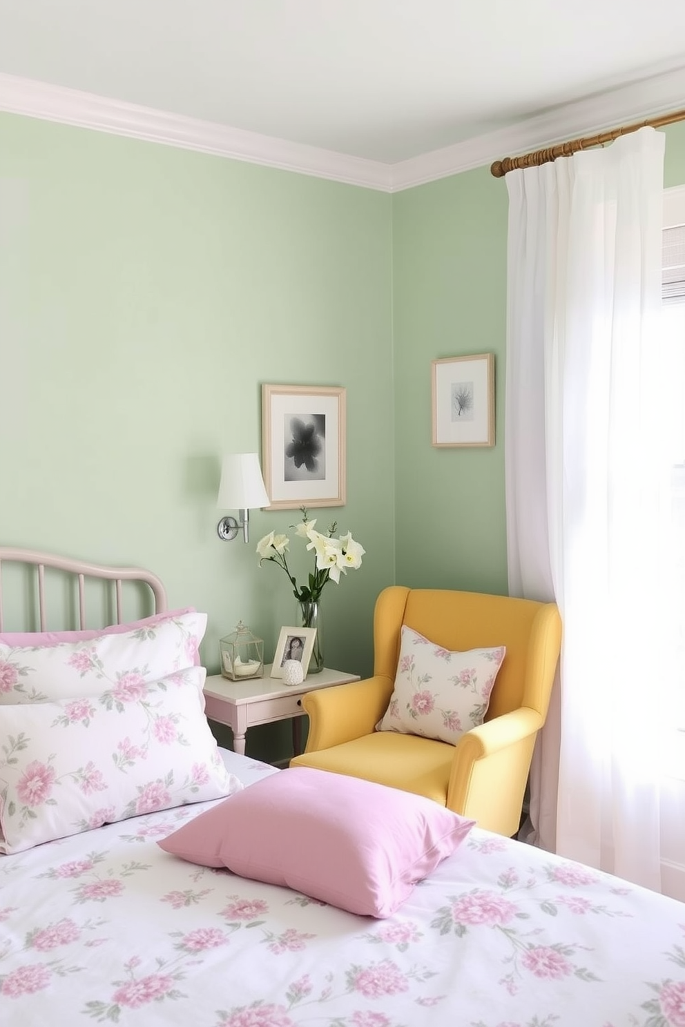 A serene summer bedroom filled with pastel colors to create a fresh and inviting atmosphere. The walls are painted in a soft mint green, while the bedding features a delicate floral pattern in shades of lavender and blush pink. A cozy reading nook is set up by the window with a plush armchair in light yellow and a small side table. Light sheer curtains flutter gently in the breeze, allowing natural light to fill the room and highlight the cheerful decor.