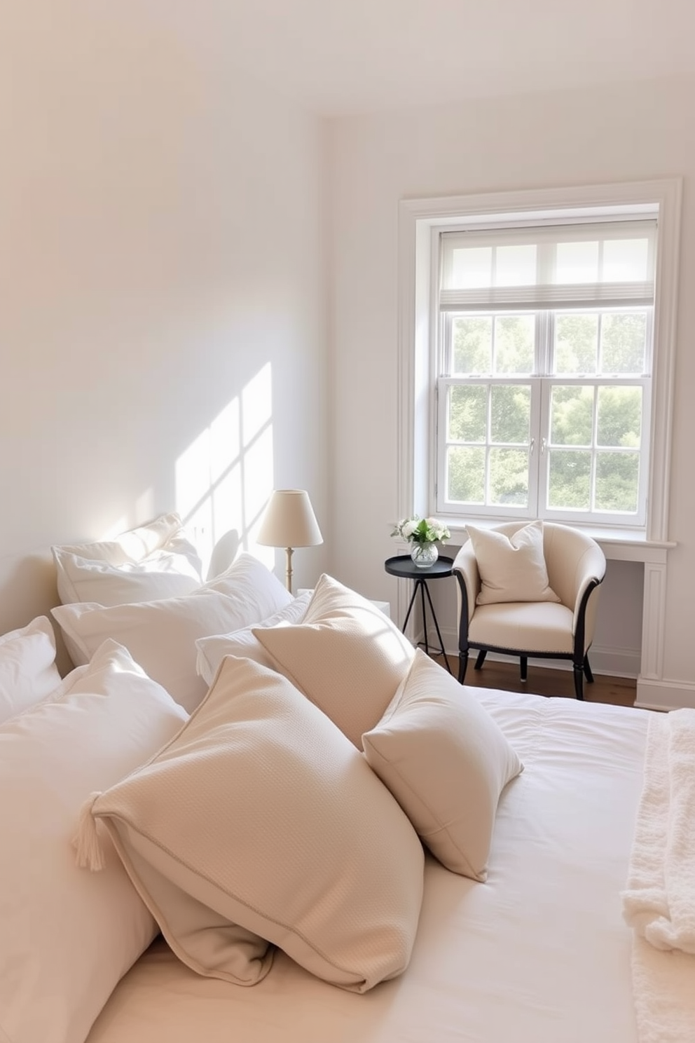 A serene summer bedroom filled with natural light. The bed is adorned with light-colored throw pillows in soft pastels that enhance the airy atmosphere. The walls are painted in a soft white, creating a fresh and inviting backdrop. A cozy reading nook by the window features a plush chair and a small side table, perfect for enjoying a morning coffee.