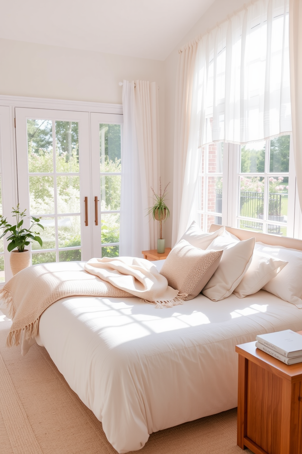 A bright and airy summer bedroom featuring light-colored rugs that enhance the natural light flowing through the space. The bed is adorned with soft pastel linens and fluffy pillows, while a lightweight throw blanket adds a touch of coziness. Large windows dressed with sheer curtains allow for gentle breezes and a view of the blooming garden outside. A wooden nightstand holds a small potted plant and a stack of books, creating a serene and inviting atmosphere.