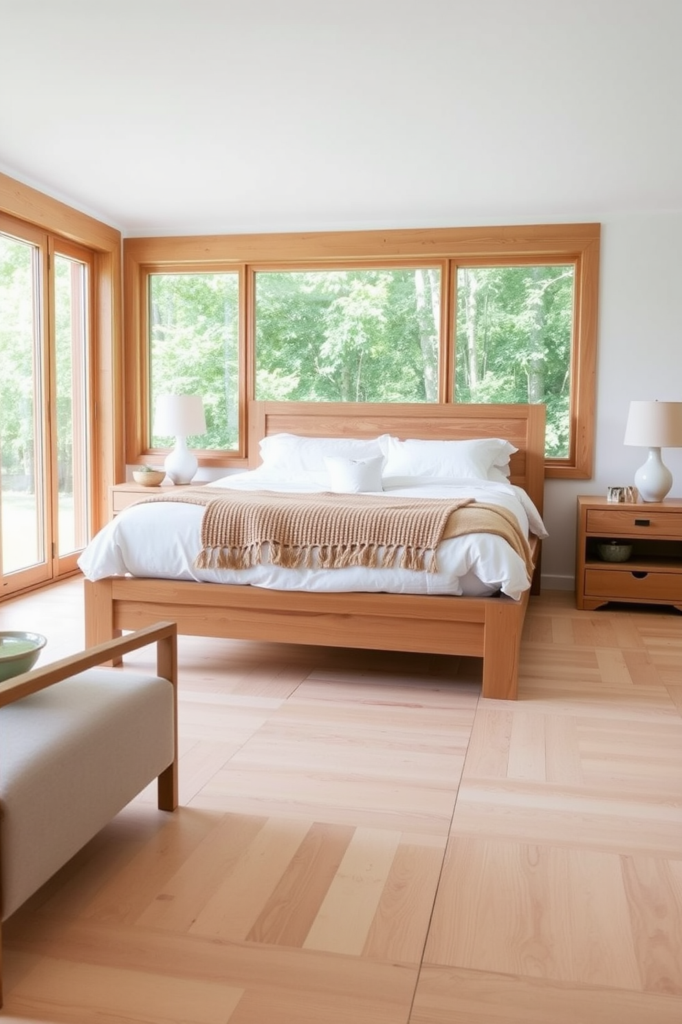 A serene summer bedroom setting featuring natural wood elements. The bed frame is crafted from light oak, complemented by soft white linens and a woven throw blanket. Incorporate wooden nightstands on either side of the bed, adorned with simple ceramic lamps. Large windows allow natural light to flood the room, highlighting the pale wood flooring and greenery outside.