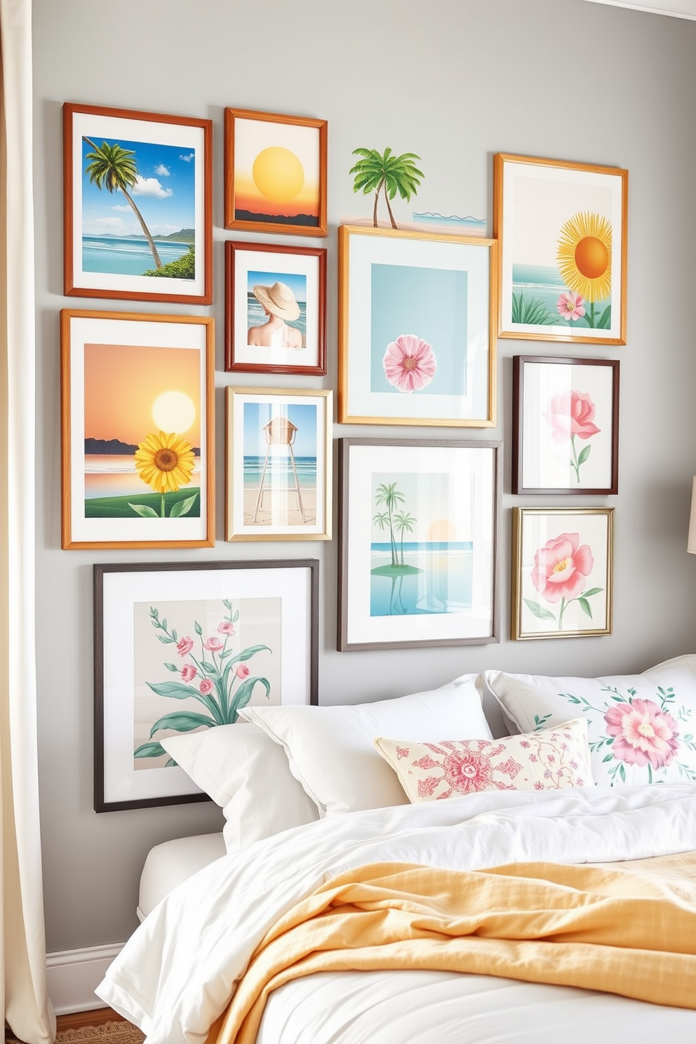 Create a gallery wall featuring vibrant summer-themed artwork. The wall is adorned with a mix of framed prints, including landscapes, beach scenes, and floral designs in bright colors. Design a summer bedroom that exudes warmth and relaxation. Incorporate soft pastel bedding, light sheer curtains, and natural wood accents to enhance the airy feel.