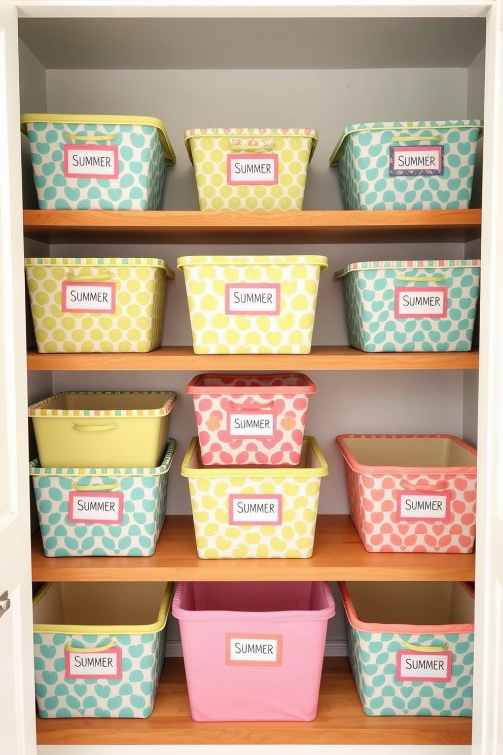 Colorful summer-themed storage bins are arranged neatly in a bright and airy closet. The bins feature vibrant patterns and are stacked on wooden shelves, adding a playful touch to the space. The closet walls are painted in a soft pastel hue, creating a cheerful backdrop for the bins. Decorative labels on each bin help organize seasonal items, making the closet both functional and visually appealing.