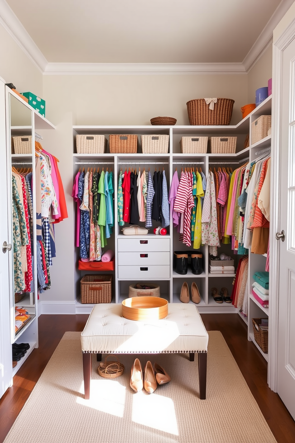 A bright and airy summer closet featuring open shelving filled with colorful clothing and accessories. The walls are painted in a soft pastel hue, and a large mirror reflects the natural light coming in from a nearby window. In the center of the space, a stylish ottoman provides seating and doubles as storage for shoes and bags. Decorative baskets are neatly arranged on the shelves, adding texture and organization to the vibrant summer wardrobe.