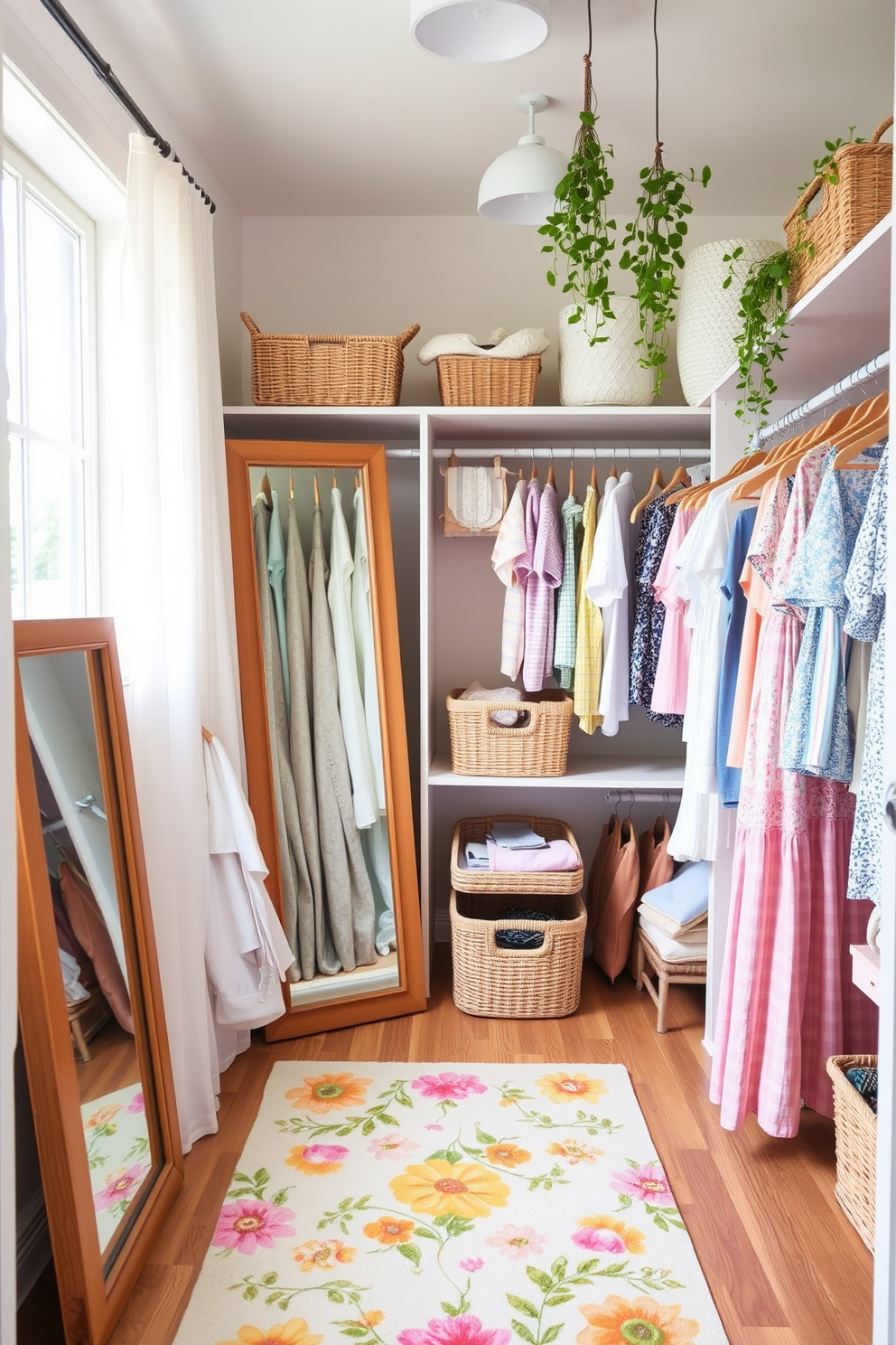 Summer Closet Decorating Ideas A bright and airy closet space featuring open shelving with neatly arranged summer clothes in pastel colors. A large mirror with a wooden frame leans against the wall, reflecting natural light from a nearby window. Decorative baskets are placed on the shelves to store accessories, adding texture and warmth to the space. A vibrant area rug with floral patterns lies on the floor, complementing the overall summer theme. Hanging plants are suspended from the ceiling, bringing a touch of greenery into the closet. Soft lighting fixtures illuminate the area, creating a welcoming and cheerful atmosphere.