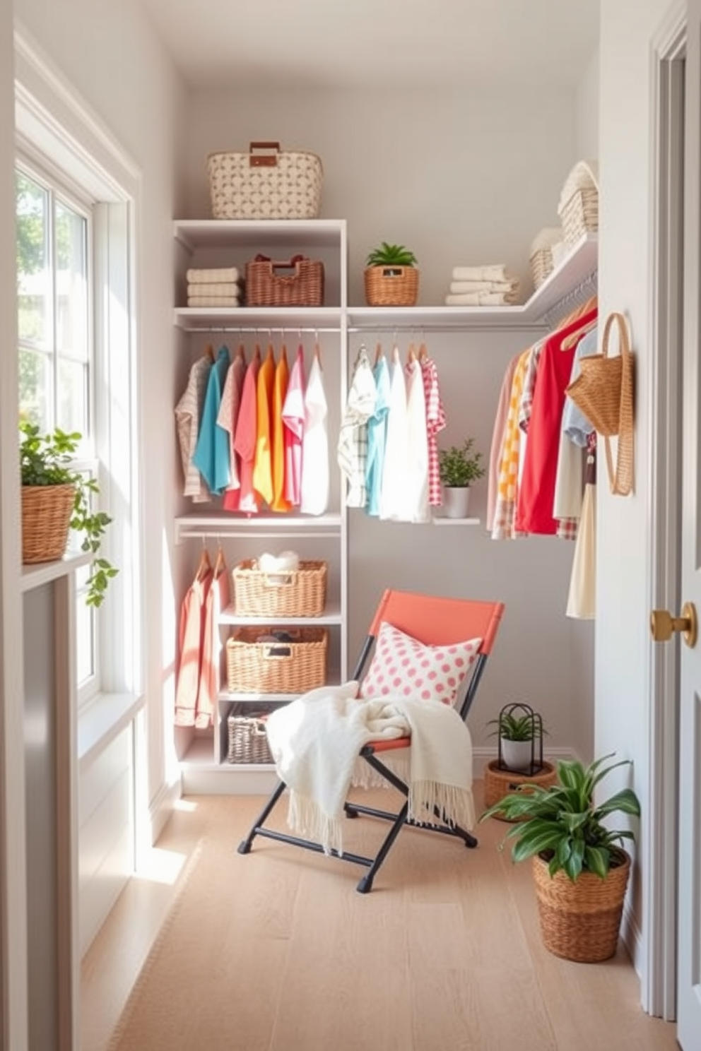 A bright and airy summer closet with soft pastel walls and natural light streaming in through a window. A small folding chair is placed in the corner for comfort, adorned with a lightweight throw blanket. The closet features open shelving displaying neatly organized summer clothes in vibrant colors. Decorative baskets are used for storage, and a few potted plants add a touch of greenery to the space.