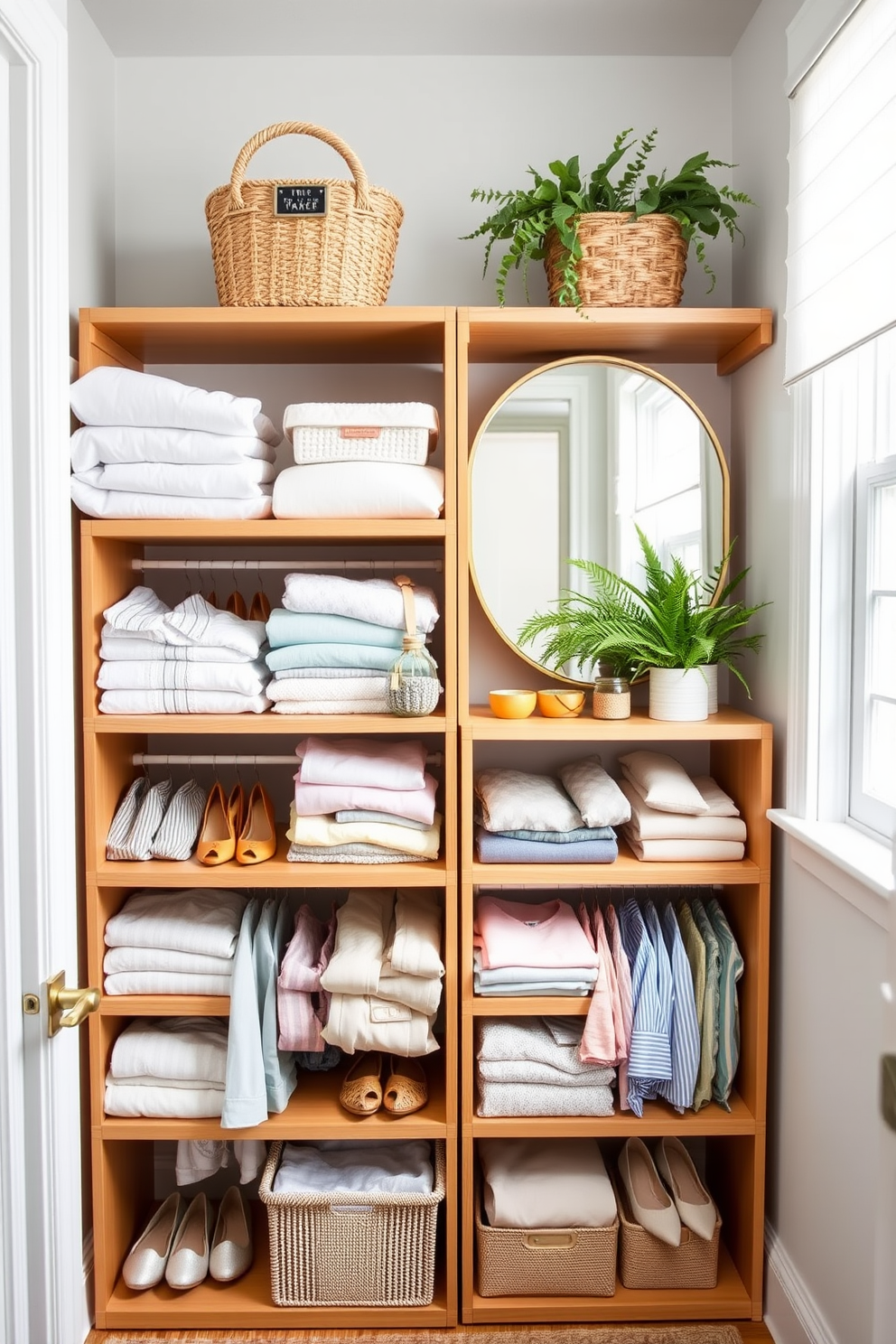 A bright and airy summer closet filled with tiered organizers that maximize vertical space. The organizers are made of natural wood, displaying neatly folded summer clothes and accessories in pastel colors. On the upper shelves, stylish baskets hold seasonal items, while a large mirror reflects the light coming from a nearby window. Fresh greenery in decorative pots adds a touch of nature, creating an inviting and organized atmosphere.