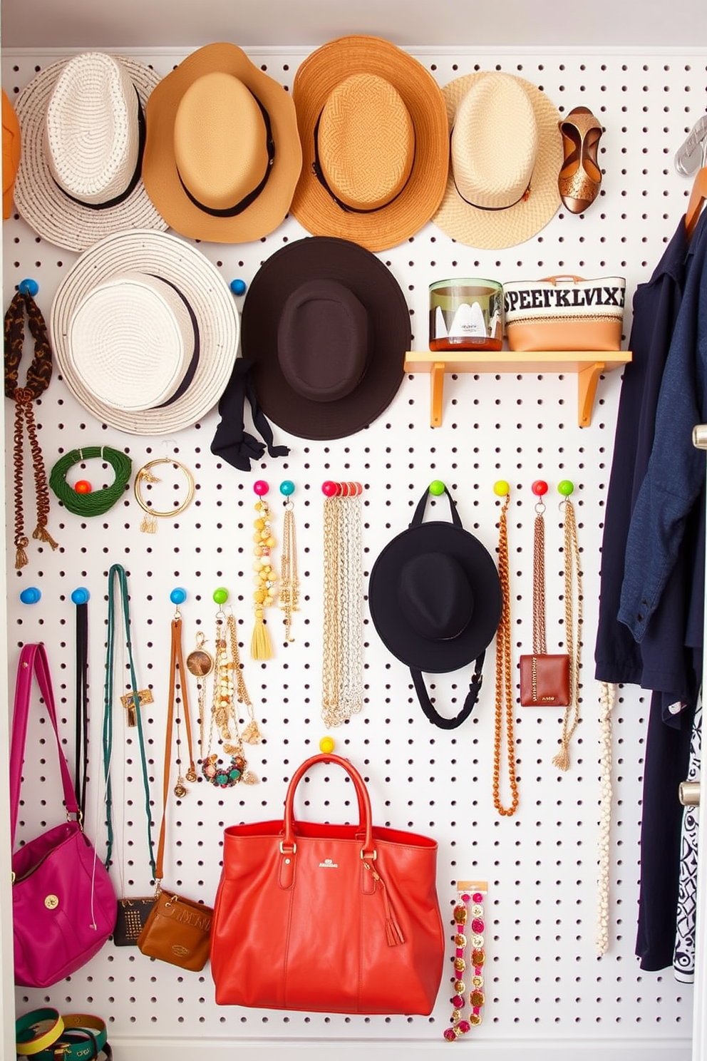 Create a summer closet that features a pegboard installation for displaying accessories. The pegboard should be adorned with colorful hooks and shelves, showcasing hats, bags, and jewelry in an organized yet stylish manner.