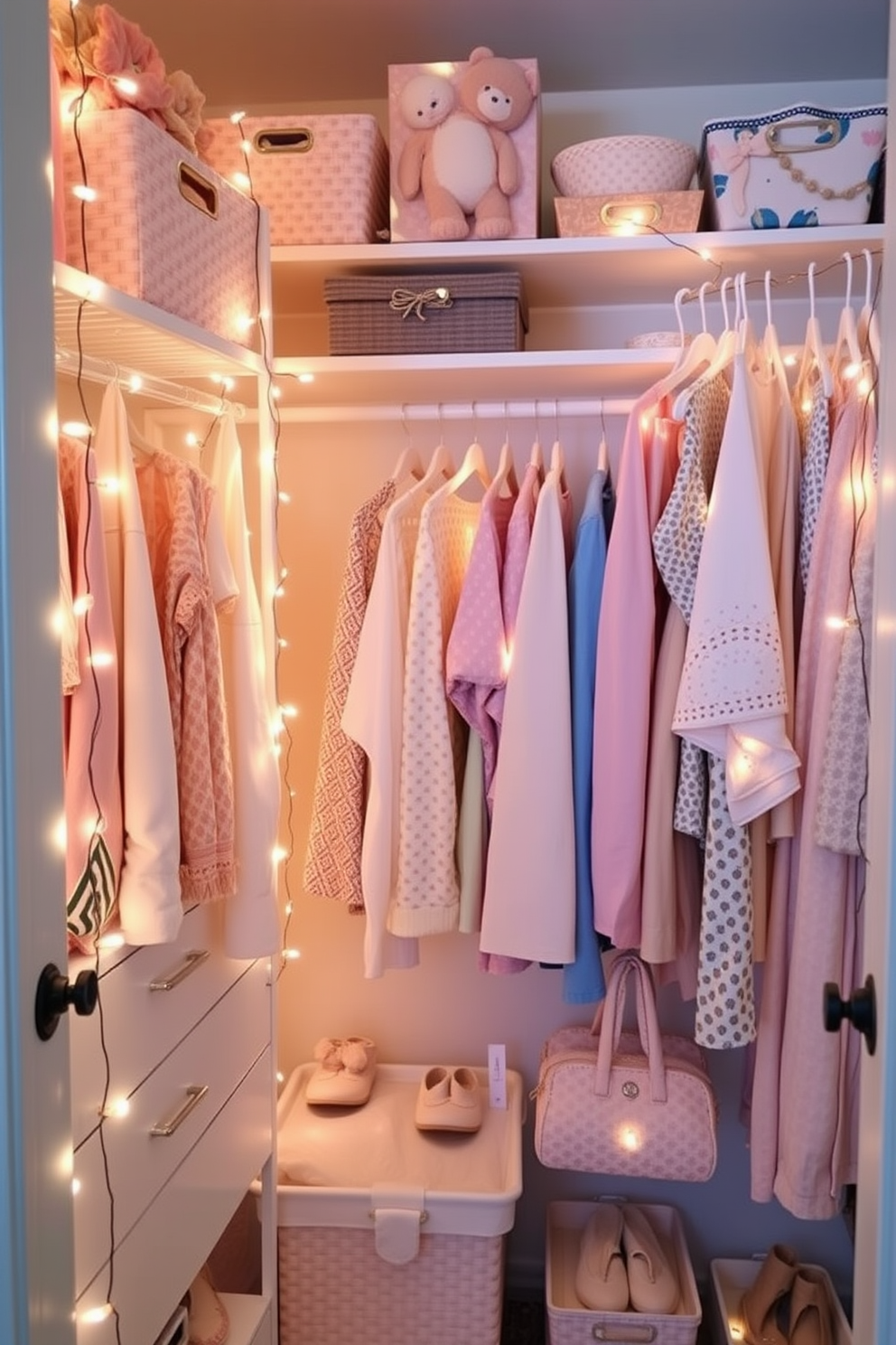 Create a summer closet that exudes a fresh and airy vibe. Incorporate pastel colors and lightweight fabrics to enhance the seasonal feel. Add decorative storage boxes and hangers to keep the space organized and visually appealing. Use fairy lights to create a cozy ambiance, illuminating the closet with a warm, inviting glow.