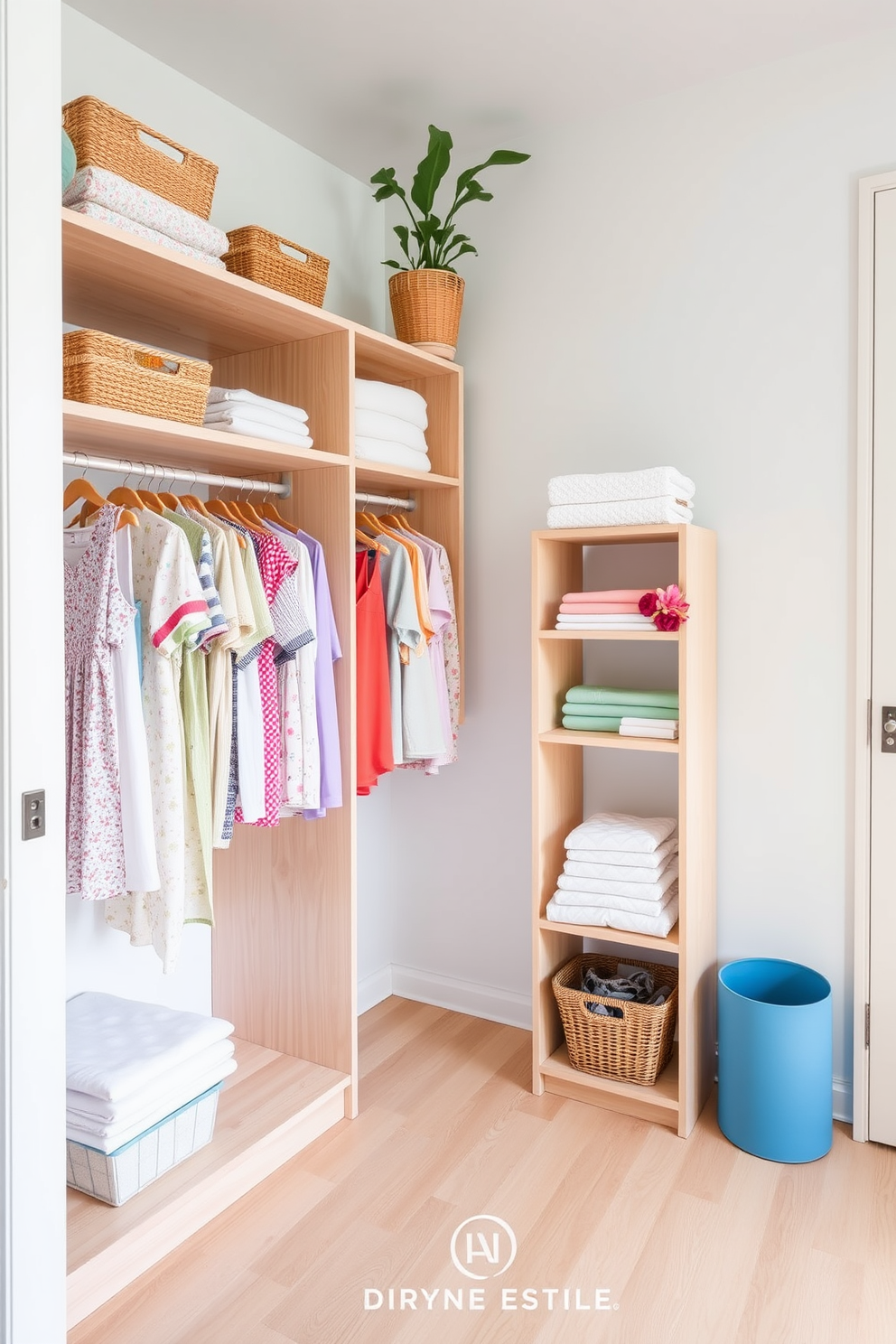 A bright and airy summer closet featuring open shelving made of light wood. The walls are painted in a soft pastel hue, and the floor has a light-colored hardwood finish. The closet is organized with neatly folded summer clothes, and vibrant accessories are displayed on the shelves. A small potted plant sits on the top shelf, adding a touch of freshness to the space.