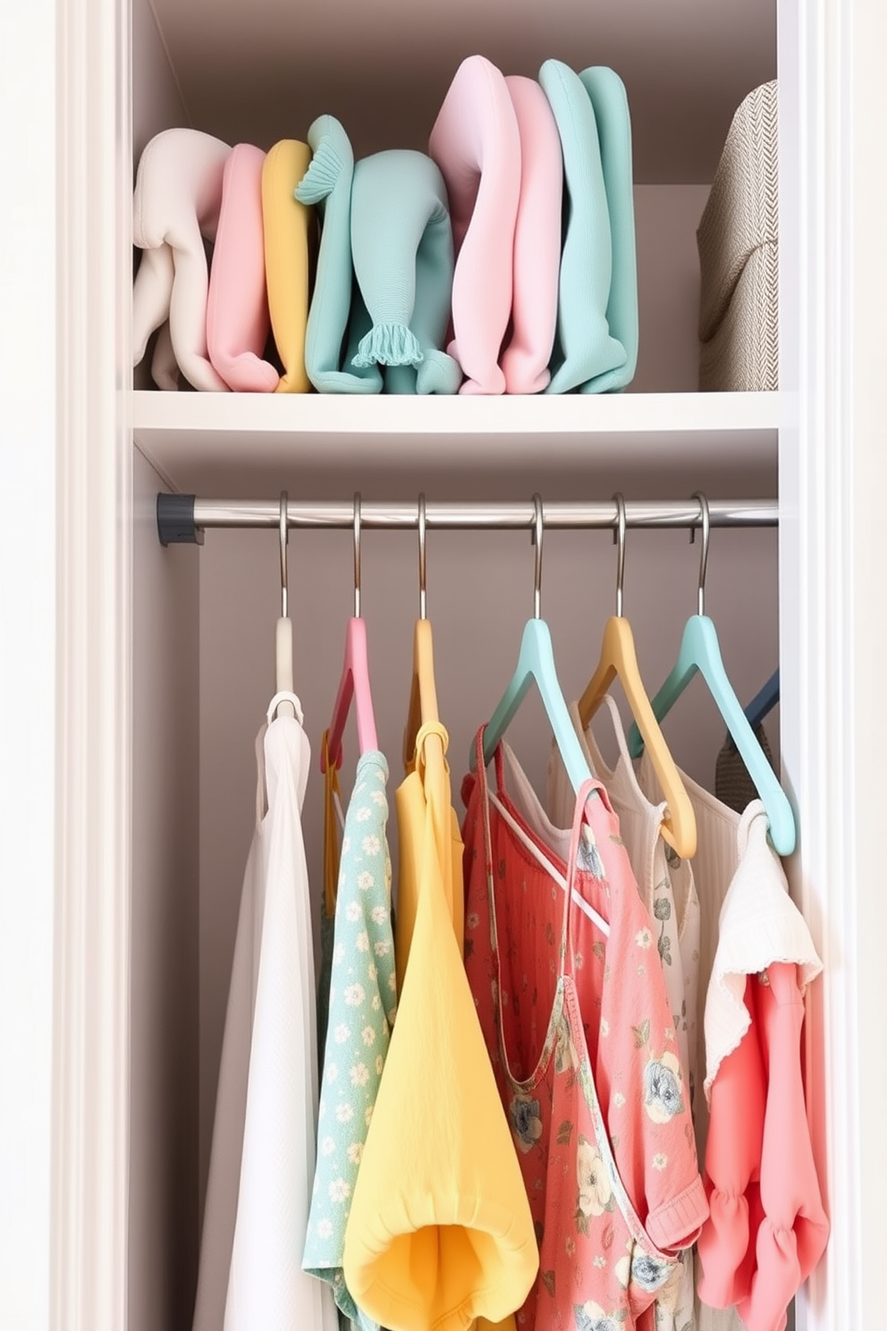 Create a summer closet scene featuring pastel colored hangers that add a touch of softness and charm. The closet is organized, showcasing light fabrics and vibrant summer outfits hanging gracefully on the hangers.