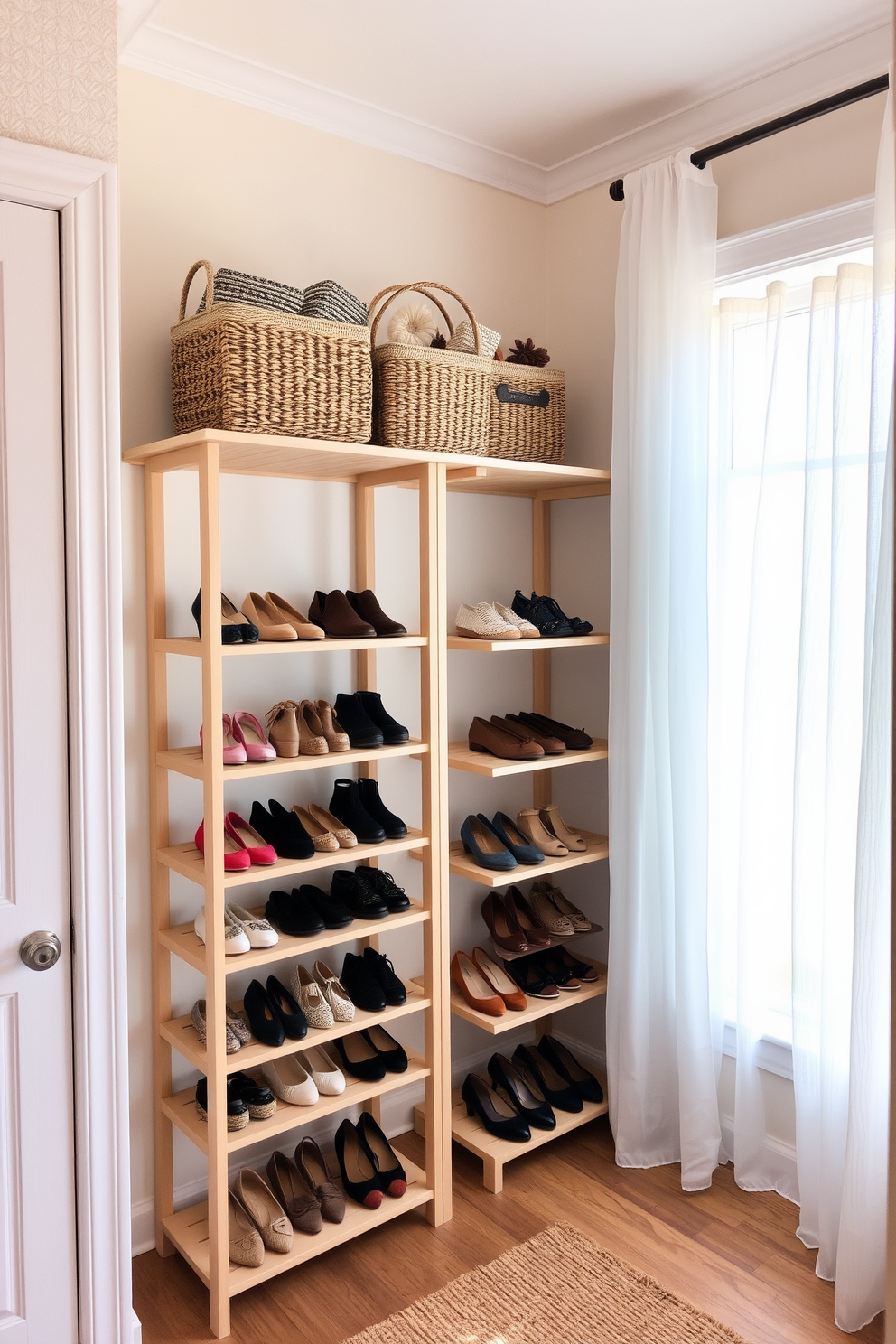 A chic summer closet featuring stylish shoe racks that elegantly organize footwear. The walls are painted in a soft pastel hue, and natural light floods the space through a large window adorned with sheer curtains. Shoe racks are crafted from light wood with a modern design, showcasing a variety of shoes in an orderly fashion. Decorative baskets are placed on the top shelf, adding a touch of warmth and functionality to the overall aesthetic.