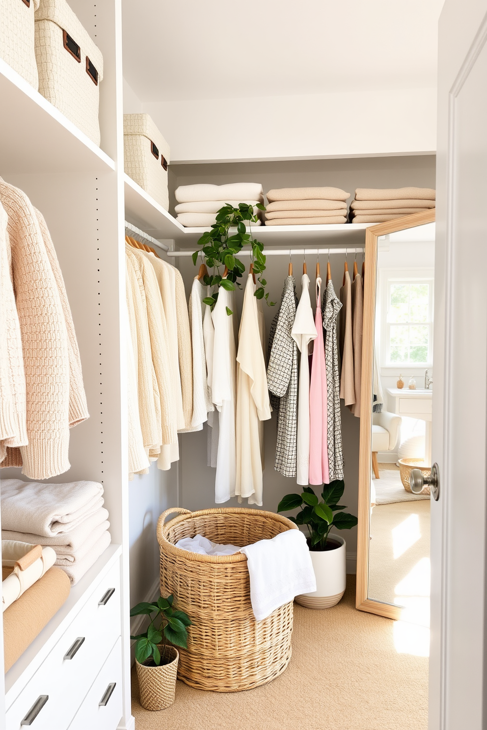 A bright and airy summer closet filled with light colors and natural textures. Shelves are lined with neatly folded pastel sweaters and summer dresses, while a stylish laundry basket made of wicker sits in the corner for convenience. The walls are painted in a soft white, enhancing the lightness of the space. A full-length mirror reflects the organized beauty, and a few potted plants add a touch of greenery to the decor.