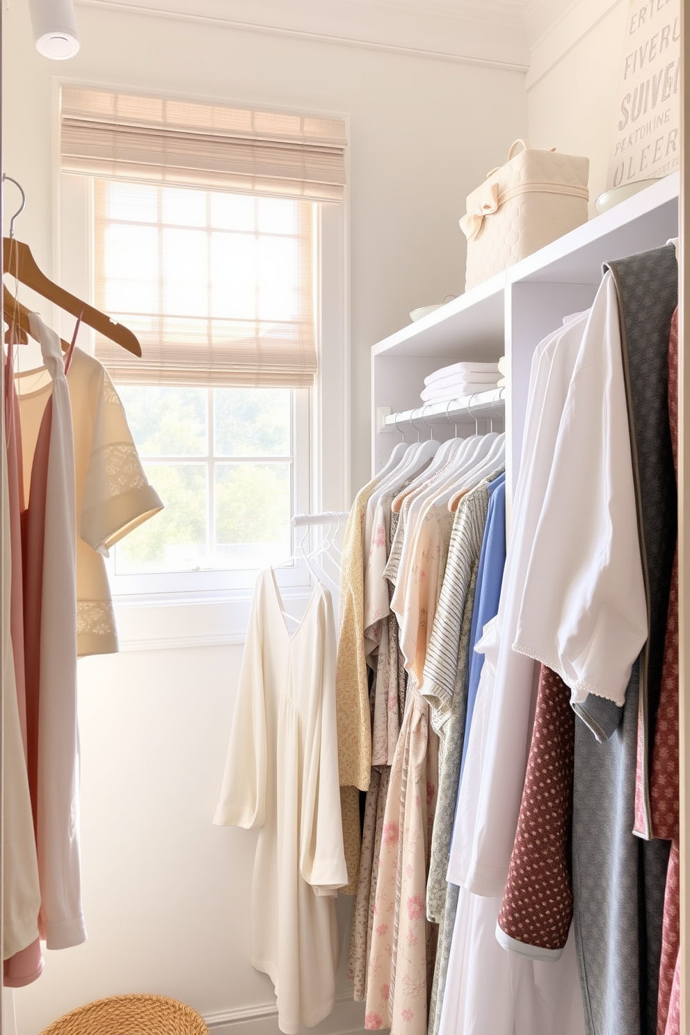 Lightweight fabric hangers are arranged neatly in a bright and airy summer closet. The walls are painted in a soft pastel color, and natural light streams in through a nearby window, enhancing the cheerful atmosphere. Delicate summer-themed decorations, such as floral prints and light-colored accessories, adorn the shelves. The closet features a mix of casual and elegant clothing, all organized to create a fresh and inviting space.