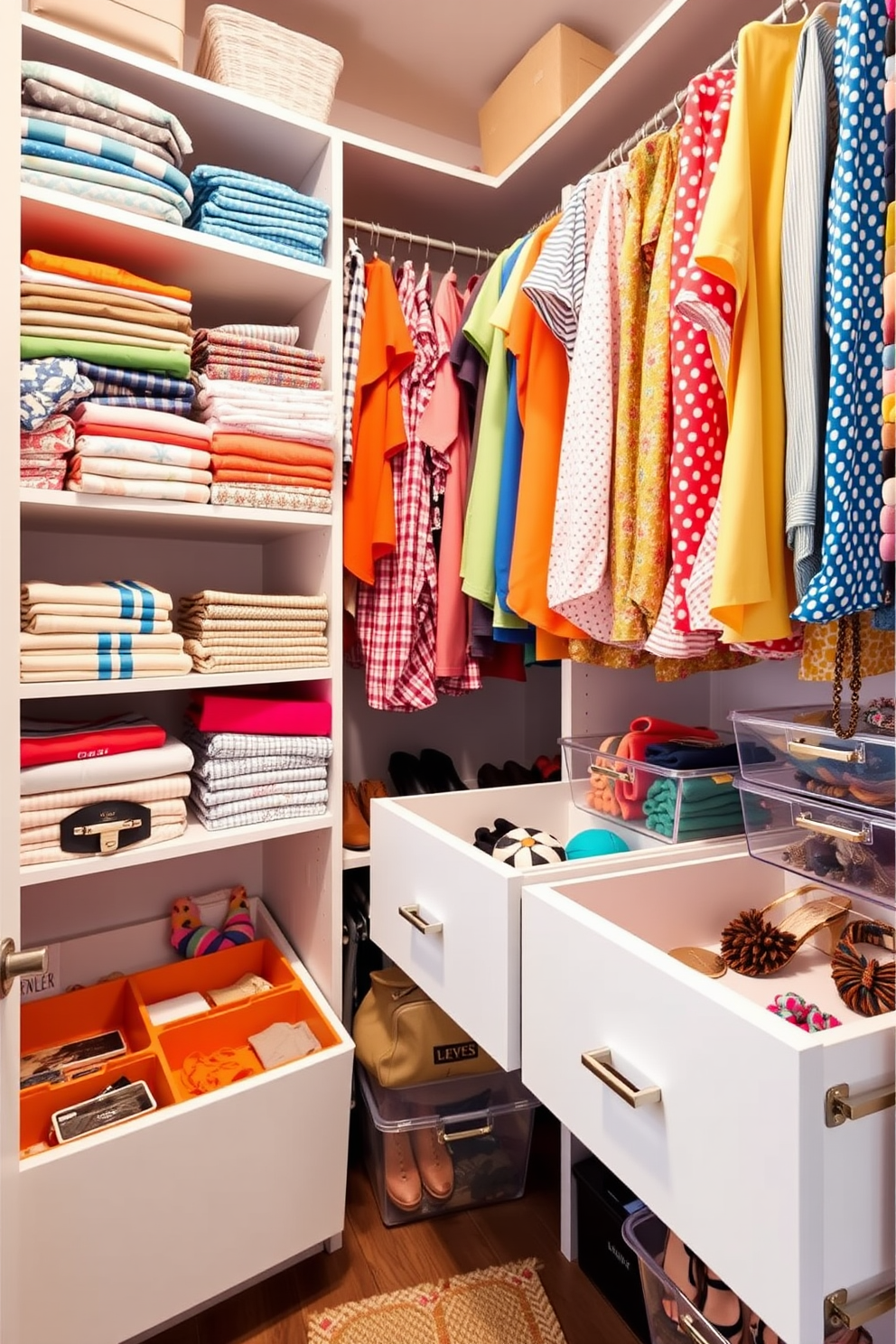 A bright summer closet filled with vibrant colors and organized drawer dividers for neatness. The shelves are lined with neatly folded summer clothes, while accessories are displayed in clear bins for easy access.