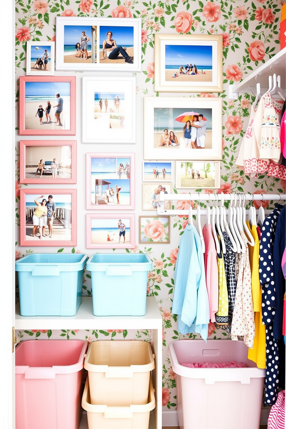 Create a photo wall of summer memories. The wall features a collection of framed photographs showcasing vibrant beach scenes and joyful family gatherings, arranged in a playful yet cohesive layout. Summer closet decorating ideas. The closet is organized with pastel-colored storage bins and hangers, complemented by a cheerful floral wallpaper that adds a fresh and inviting touch.