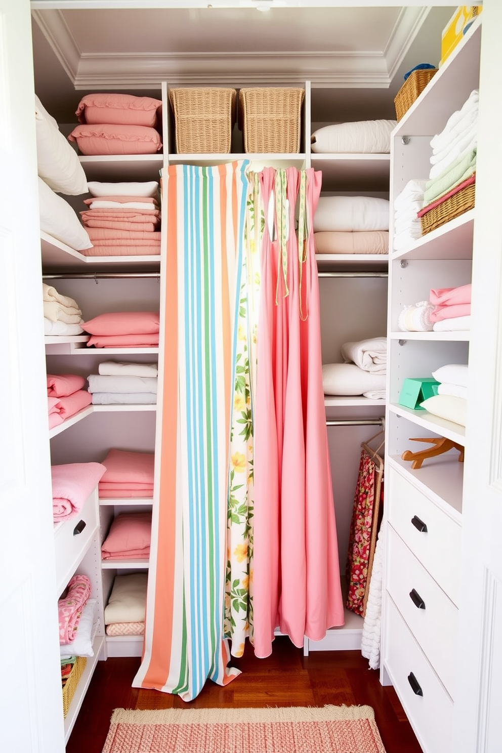 A bright and airy summer closet featuring open shelving filled with neatly folded pastel-colored linens and summer dresses. A colorful curtain drapes elegantly across the entrance, providing privacy while enhancing the cheerful ambiance of the space.