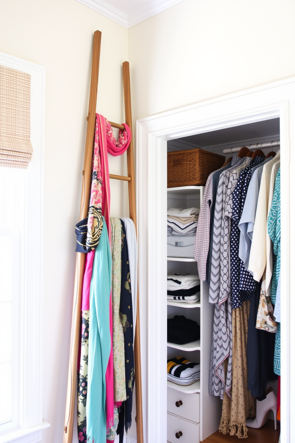 A stylish summer closet featuring a decorative wooden ladder leaning against the wall, adorned with an array of colorful scarves cascading down. The closet shelves are neatly organized with summer clothing, and a soft, natural light filters in through a nearby window, creating a warm and inviting atmosphere.