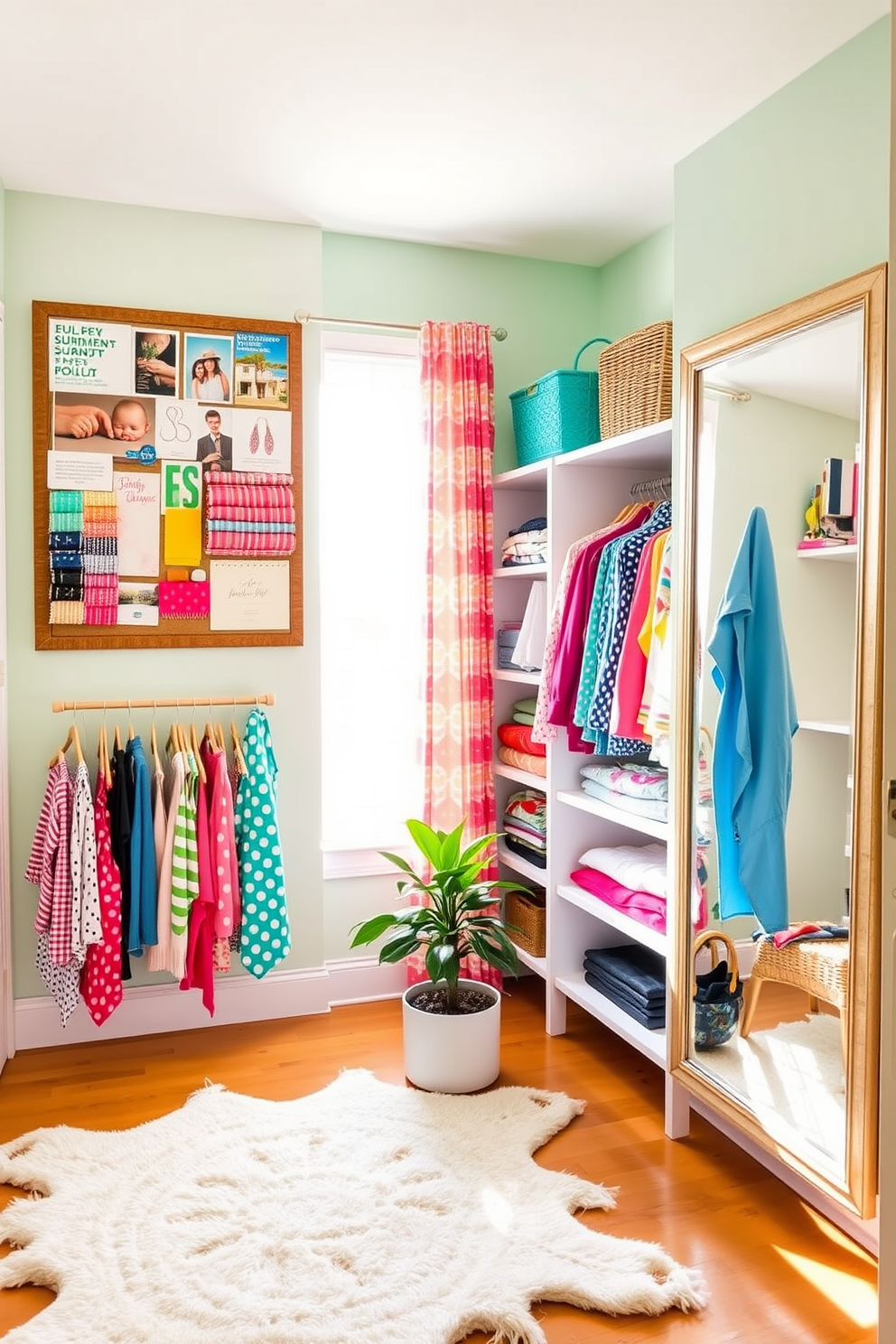 A bright and airy summer closet filled with vibrant colors and playful patterns. The walls are painted in a soft pastel hue, and a large bulletin board is mounted on one side, showcasing fabric swatches and inspirational images. Stylish open shelving displays neatly folded summer clothes and accessories, while a full-length mirror reflects the light streaming in from a nearby window. A cozy rug lies on the floor, adding warmth to the space, and a small potted plant brings a touch of nature indoors.