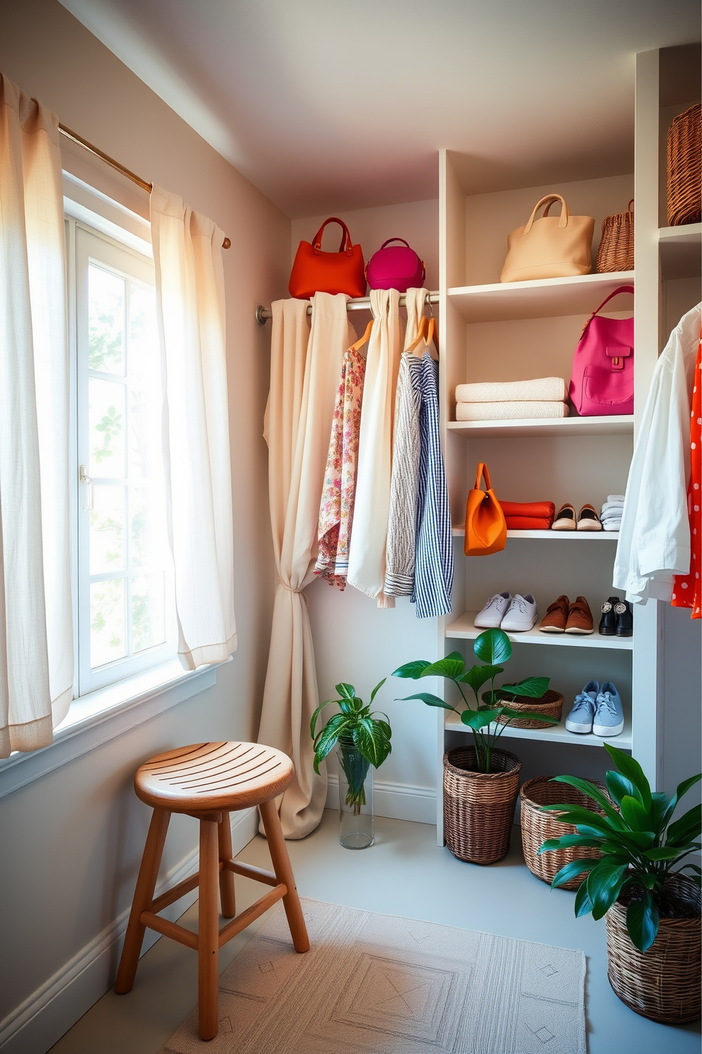 A bright and airy summer closet featuring a small wooden stool for easy access to shoes and accessories. The walls are painted in a soft pastel color, and open shelving displays neatly folded summer clothes and colorful bags. Natural light floods the space through a window adorned with light linen curtains, creating a warm and inviting atmosphere. Potted plants add a touch of greenery, enhancing the fresh summer vibe of the closet.