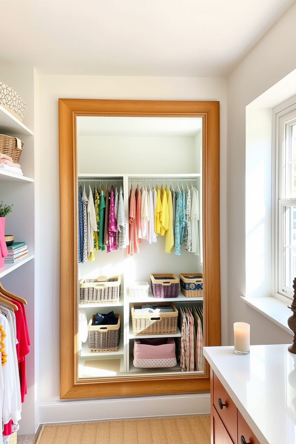 A bright and airy summer closet filled with natural light. The walls are painted in a soft pastel hue, and the shelves are neatly organized with colorful summer clothing. A large mirror with a simple wooden frame reflects the cheerful atmosphere. Decorative baskets are placed on the shelves to hold accessories, and a scented candle sits on the countertop for relaxation.