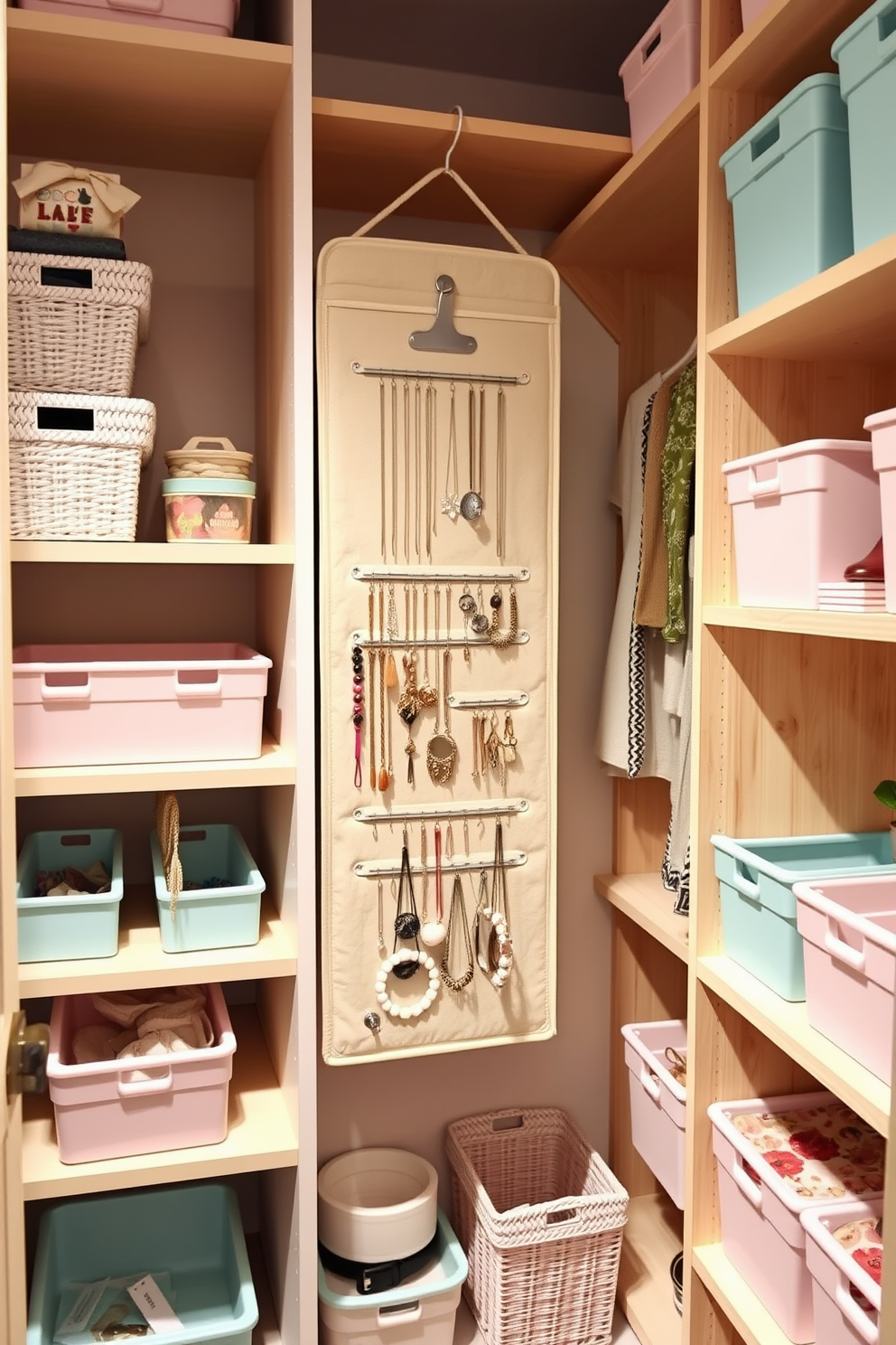 A beautifully organized summer closet featuring a stylish jewelry organizer for easy access. The closet is adorned with pastel-colored storage bins and light wood shelving, creating a fresh and inviting atmosphere.