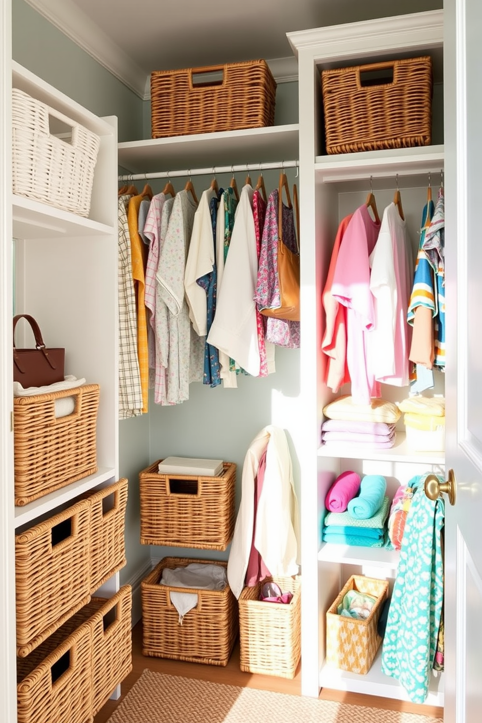 A bright and airy summer closet filled with wicker baskets that add natural texture. The walls are painted in a soft pastel hue, and the shelves are organized with colorful summer clothing and accessories.