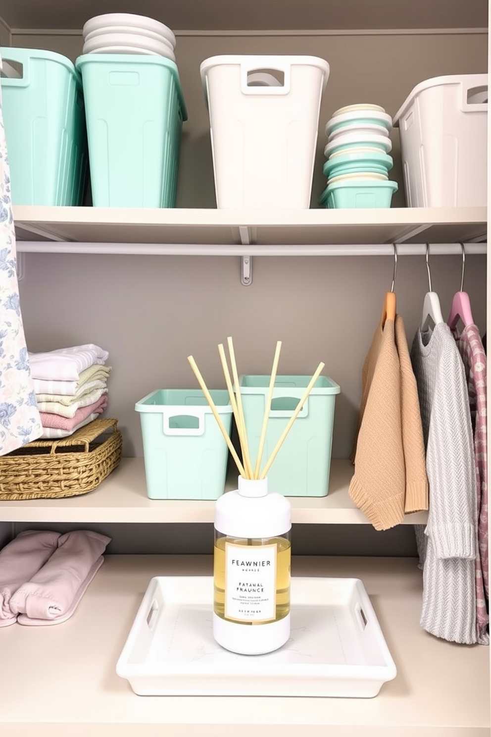 A stylish summer closet featuring open shelving adorned with neatly organized pastel-colored bins. A seasonal fragrance diffuser sits on a small decorative tray, filling the space with a light and refreshing scent.