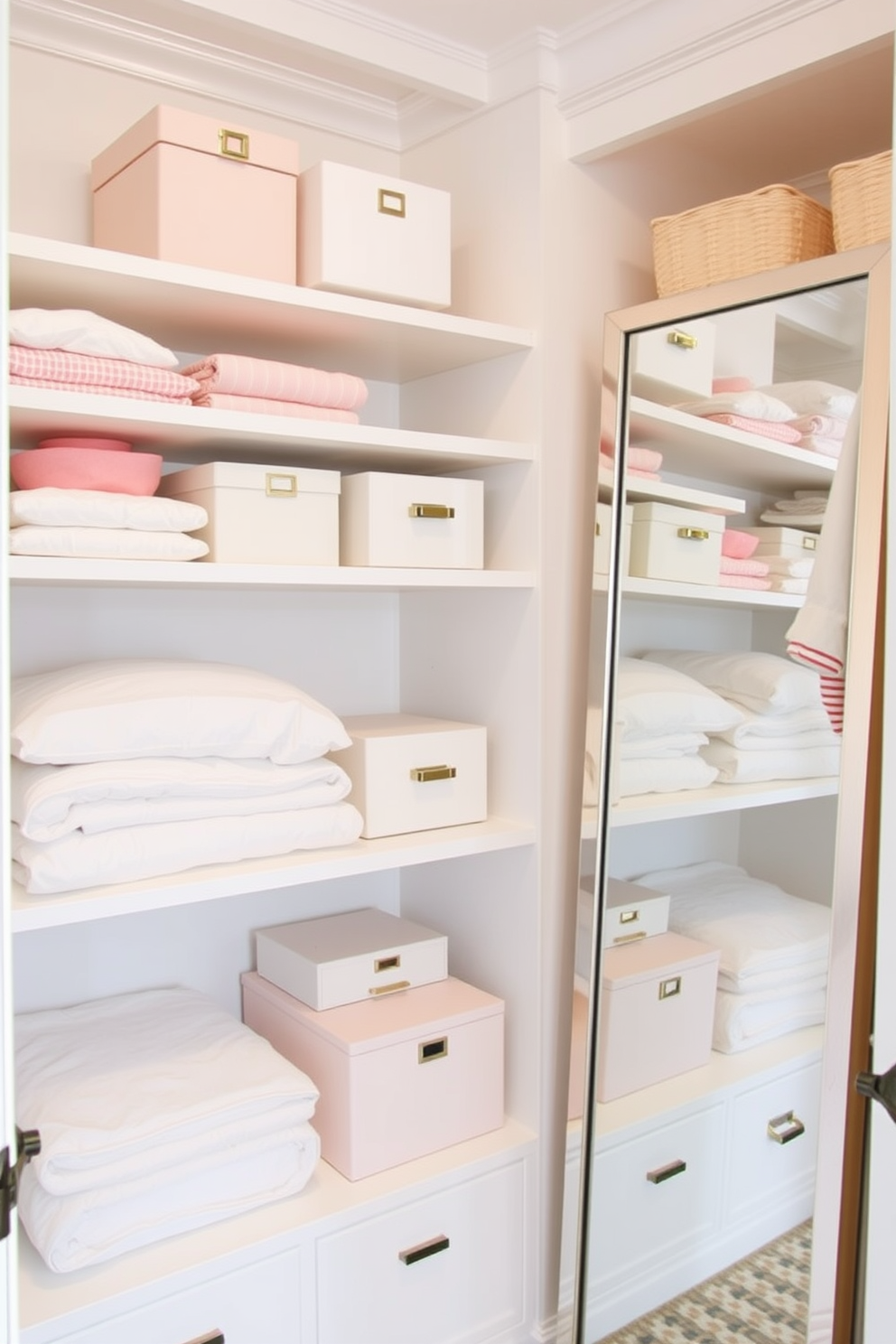 A bright and airy summer closet featuring floating shelves that maximize vertical space. The shelves are adorned with neatly folded pastel-colored linens and stylish storage boxes, creating a visually appealing arrangement. The closet walls are painted in a soft white hue, enhancing the light and open feel. A full-length mirror is positioned next to the shelves, reflecting the organized and vibrant decor.