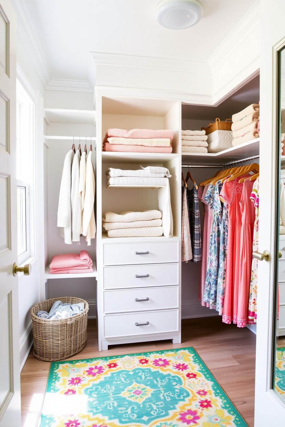 A bright and airy summer closet features open shelving displaying neatly folded pastel sweaters and summer dresses. A cheerful area rug in vibrant colors adds comfort underfoot, while a large mirror reflects the natural light streaming in through a nearby window.