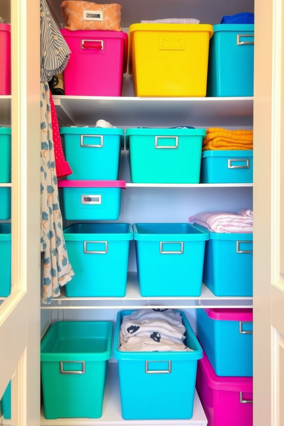 A vibrant summer closet filled with bright colored storage boxes in various sizes. The boxes are neatly organized on shelves, adding a playful touch to the space while keeping items easily accessible.