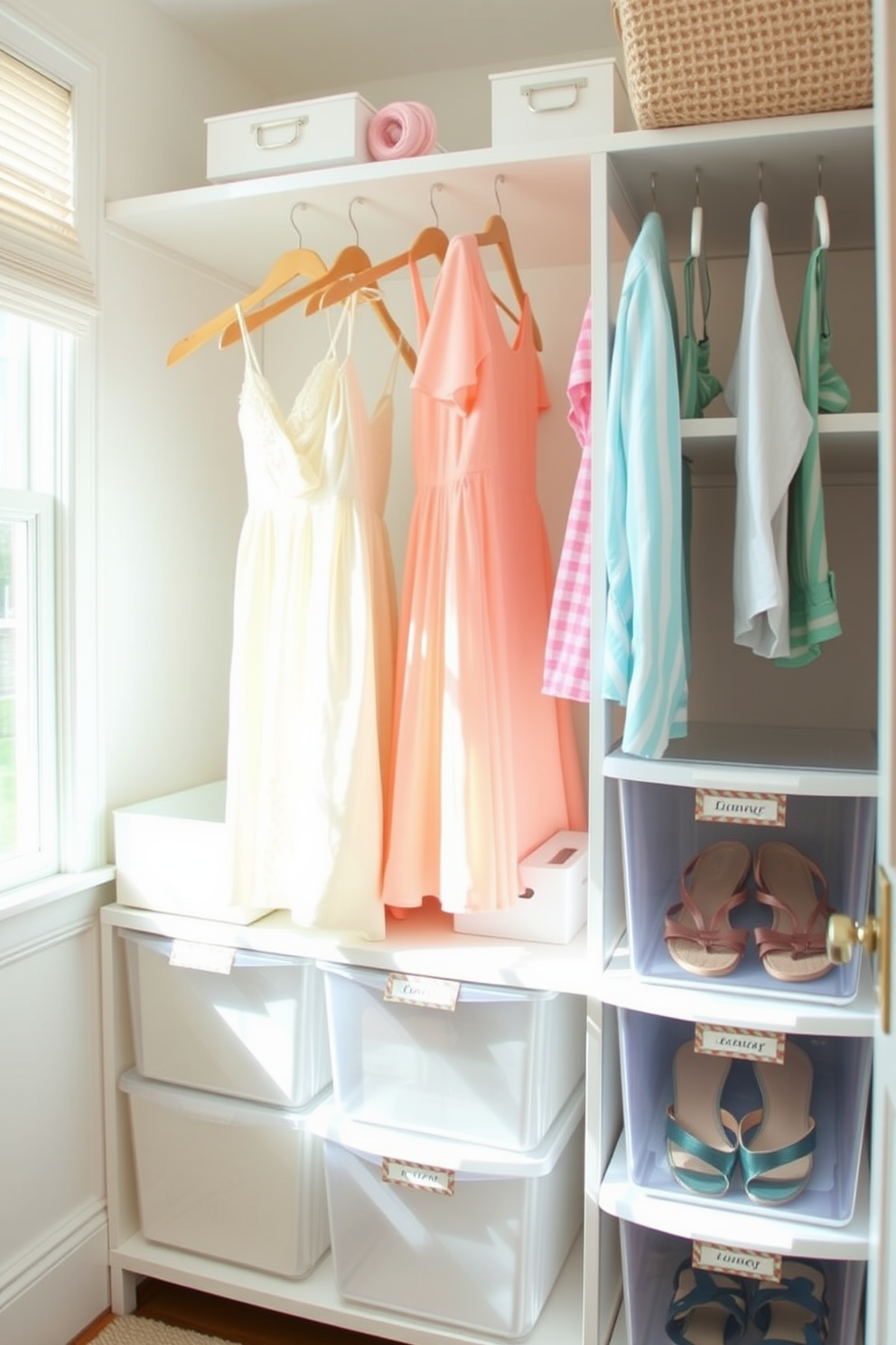 A bright and airy summer closet featuring clear bins for easy visibility, organized by color and style. Soft pastel shades dominate the space, complemented by natural light streaming through a nearby window. The closet includes hanging space for lightweight summer dresses and a dedicated section for sandals and flip-flops. Decorative labels on the clear bins add a touch of charm while maintaining functionality.