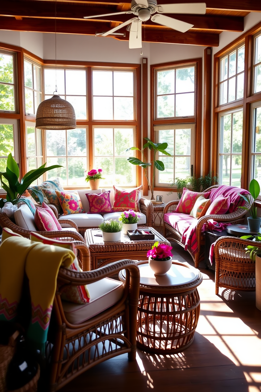 A bright and airy living room filled with rattan furniture that adds warmth and texture. Sunlight streams through large windows, illuminating a cozy seating area with a rattan sofa adorned with colorful cushions and a matching coffee table. In one corner, a rattan armchair is paired with a small side table, creating an inviting reading nook. Fresh summer decor elements like vibrant throw blankets and potted plants enhance the cheerful atmosphere of the space.