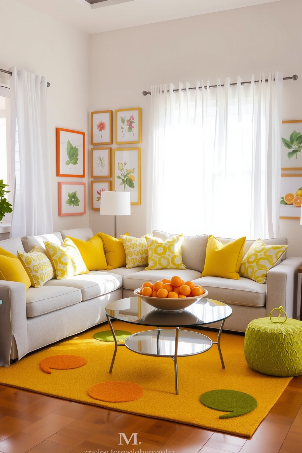 A bright living room filled with citrus-inspired decor accents. The space features vibrant yellow and orange throw pillows on a light gray sofa and a large bowl of fresh oranges on the coffee table. Sunlight streams through sheer white curtains, illuminating a collection of framed botanical prints on the walls. A playful area rug in shades of green and yellow adds a cheerful touch to the hardwood floor.