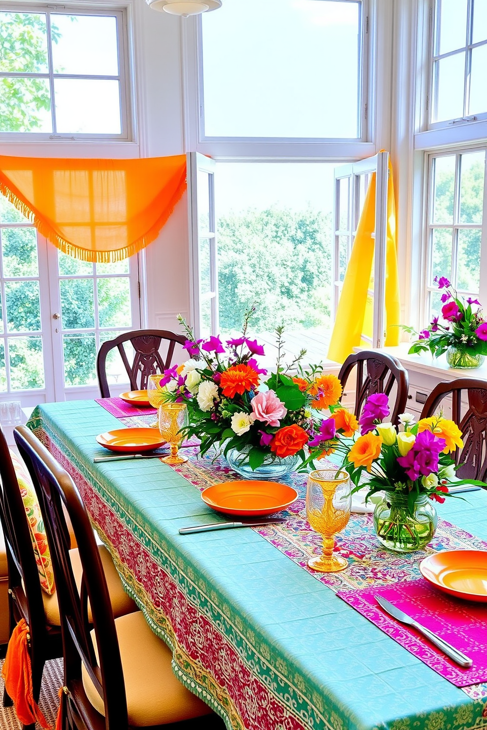 A vibrant dining setting adorned with colorful table linens that bring a cheerful atmosphere. The table is set with an array of fresh flowers in a centerpiece, complemented by bright plates and glassware. Surrounding the table, there are comfortable chairs with cushions that match the table linens. Natural light streams in through open windows, enhancing the lively summer decor.