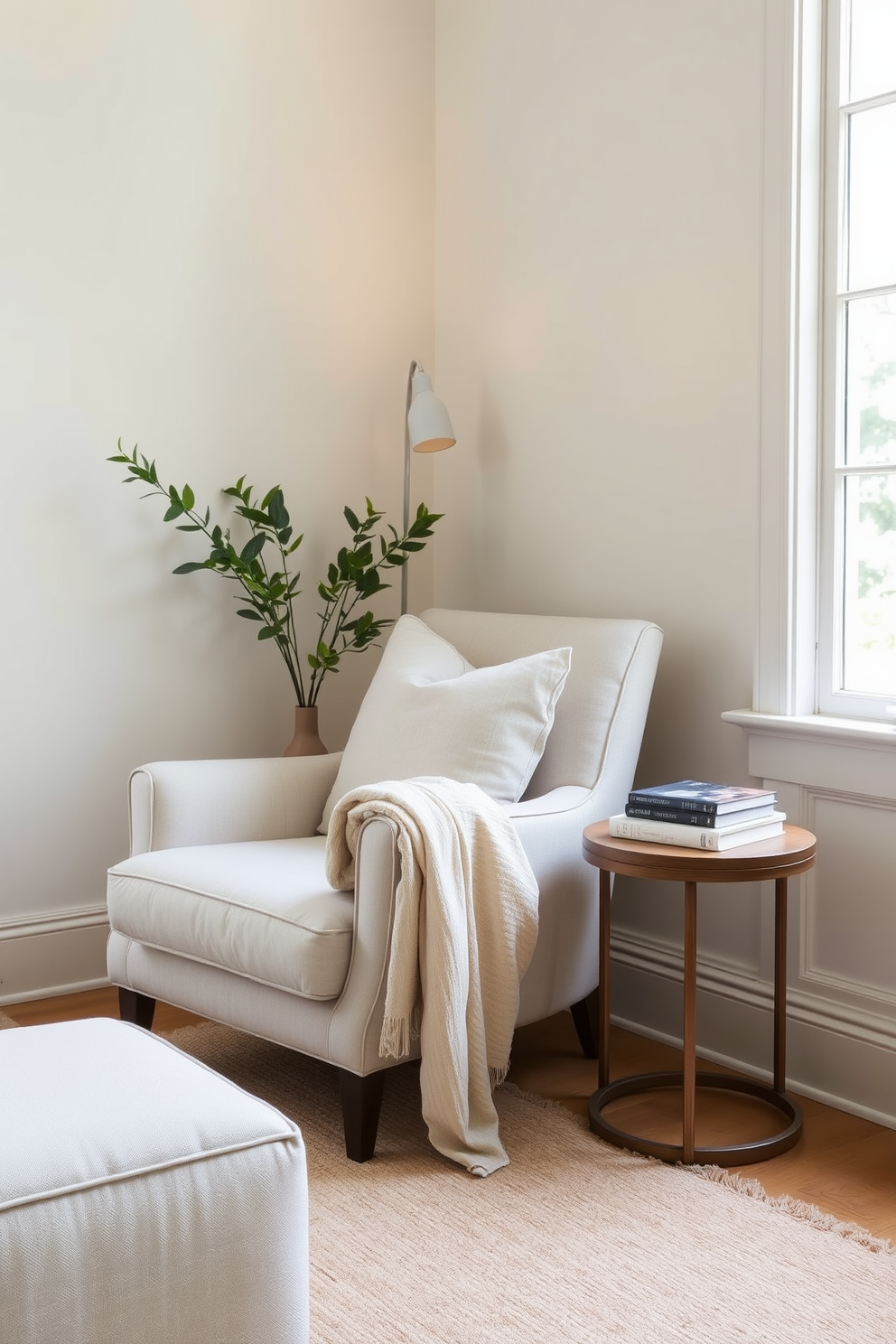 Create a cozy reading nook featuring light and airy fabrics that invite relaxation. A plush armchair upholstered in soft linen is paired with a lightweight throw blanket draped over the armrest. In the corner, a small side table holds a stack of books and a delicate lamp with a warm glow. The walls are adorned with pale pastel colors, while a large window lets in abundant natural light, enhancing the serene atmosphere.