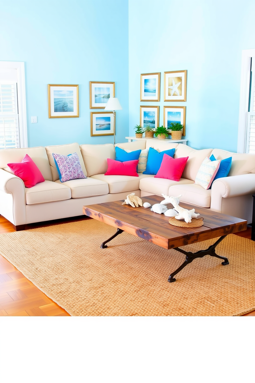 A bright and airy living room with a light beige sectional sofa adorned with vibrant blue and coral throw pillows. A large woven rug lies on the hardwood floor, and beach-themed accessories like seashells and driftwood are displayed on a rustic coffee table. The walls are painted in a soft sky blue, creating a serene atmosphere. A collection of framed coastal art hangs above the sofa, while a few potted succulents add a touch of greenery to the space.