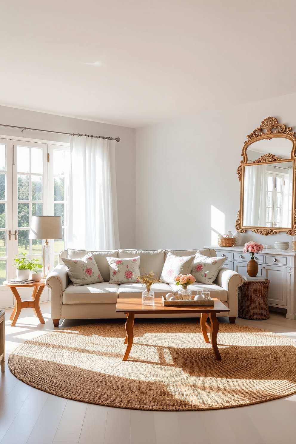 A bright and airy living room filled with natural light. Large windows draped with sheer white curtains allow sunlight to flood the space, while a pair of elegant mirrors on opposite walls reflect the warmth. Soft pastel colors dominate the decor, creating a fresh summer vibe. A comfortable sofa adorned with floral cushions sits atop a light jute rug, complemented by a wooden coffee table adorned with seasonal decor items.