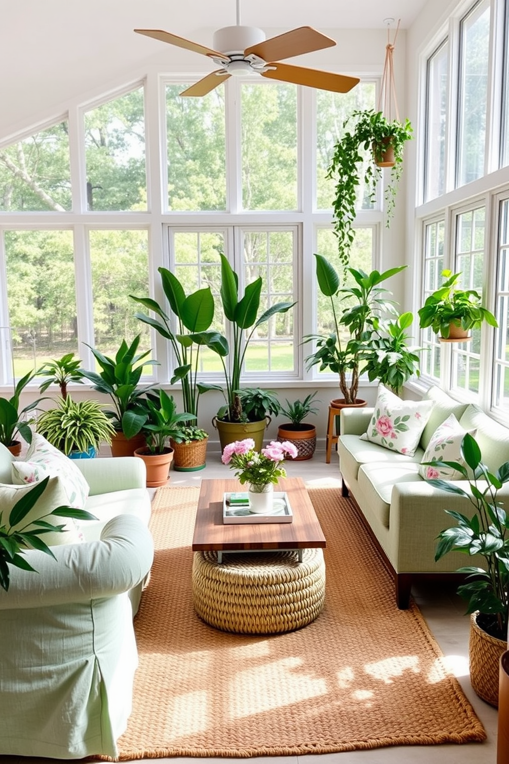 A bright living room filled with outdoor-inspired decor. There are large windows allowing natural light to flood the space, with potted plants placed in every corner. The furniture features light, airy fabrics in shades of green and blue. A woven jute rug covers the floor, and decorative pillows with floral patterns adorn the sofas.