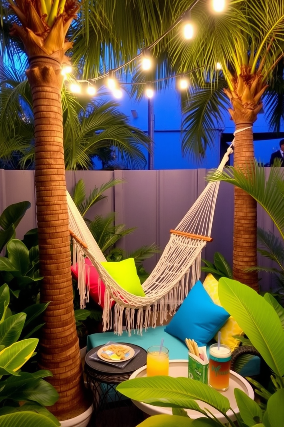 A serene outdoor space featuring a cozy hammock strung between two palm trees. Surround the hammock with lush tropical plants and colorful throw pillows for a vibrant summer vibe. The area is adorned with string lights overhead to create a warm ambiance during the evening. A small side table holds refreshing drinks and snacks, inviting relaxation and enjoyment.