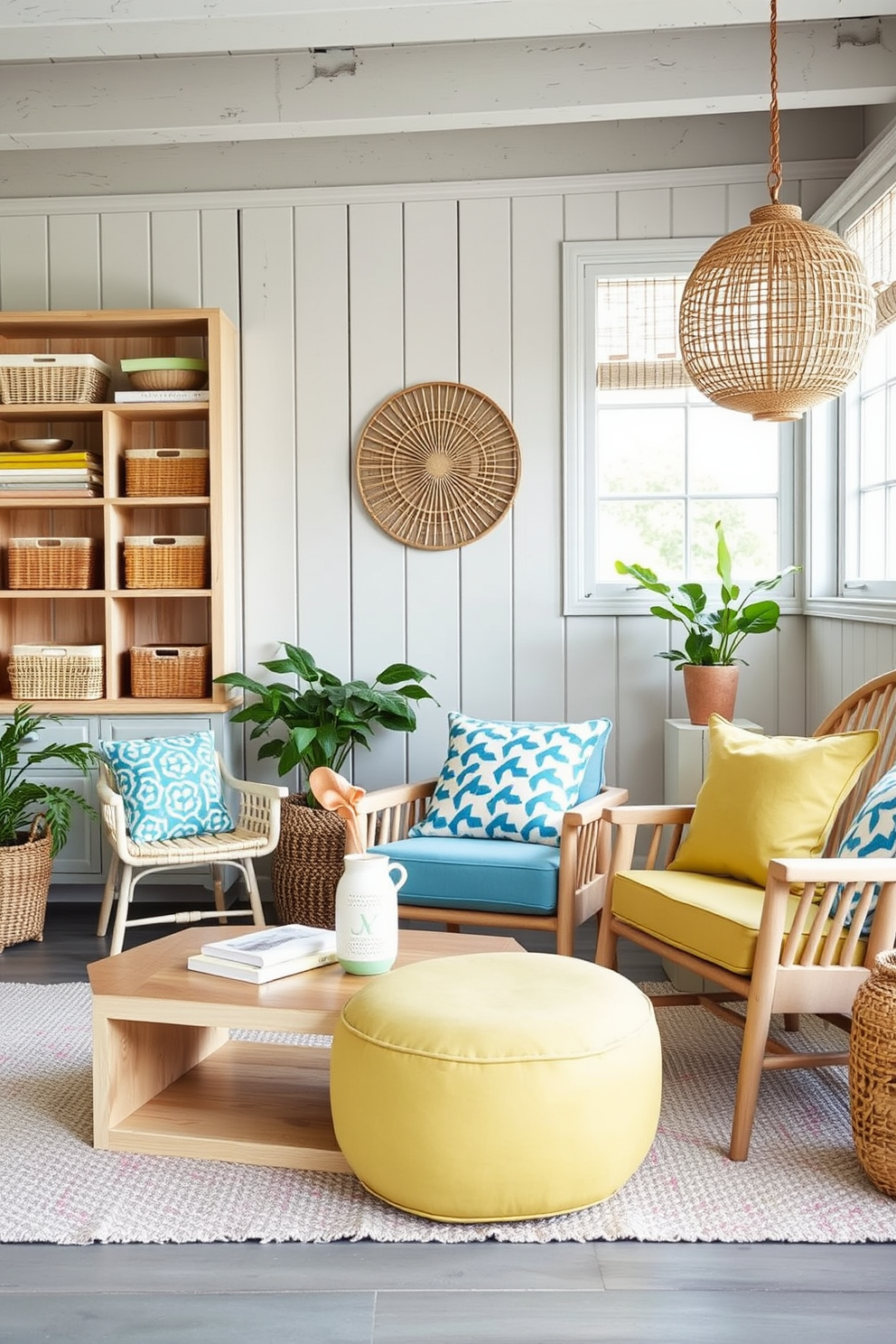 Choose light wood furniture for brightness. Incorporate soft pastel colors and natural textures to create a refreshing summer vibe.