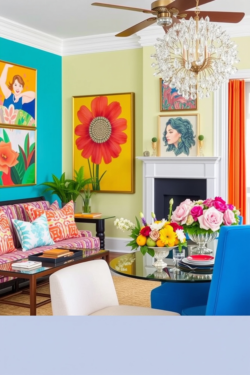 Create a lively living room filled with vibrant artwork that energizes the space. Incorporate bright colors and bold patterns on the walls, complemented by a comfortable seating area featuring colorful cushions and a stylish coffee table. Design a cheerful dining area that embraces summer decorating ideas. Use a light and airy color palette with floral table settings and fresh fruit centerpieces to create an inviting atmosphere.