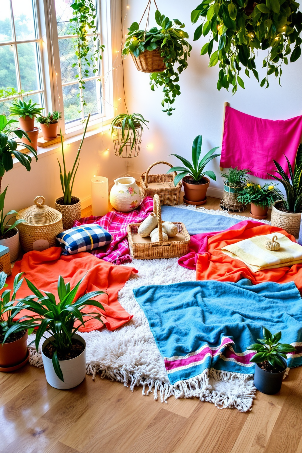 Create a cozy indoor picnic area featuring colorful blankets spread across a soft rug. Surround the space with potted plants and fairy lights to enhance the summer atmosphere.