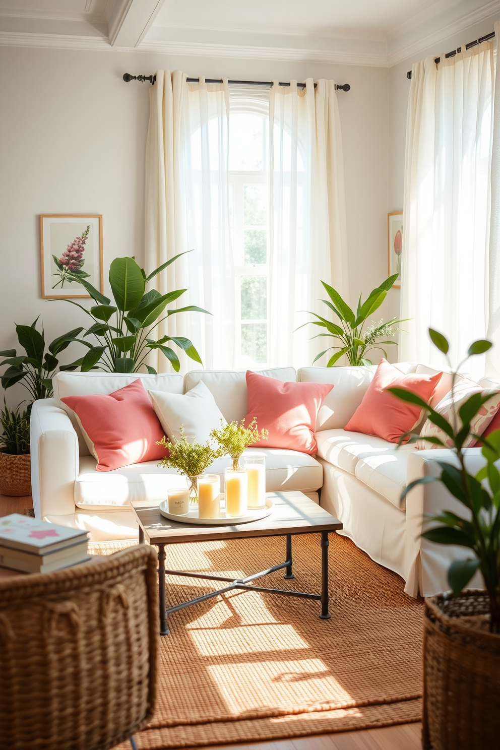 A bright and airy living room filled with natural light. Soft pastel colors dominate the decor, with a comfortable white sofa adorned with vibrant throw pillows and a coffee table topped with scented candles that evoke a fresh summer fragrance. The walls are decorated with botanical prints, and light sheer curtains flutter gently in the breeze. A woven rug adds texture to the space, while potted plants bring a touch of nature indoors, creating a refreshing summer atmosphere.