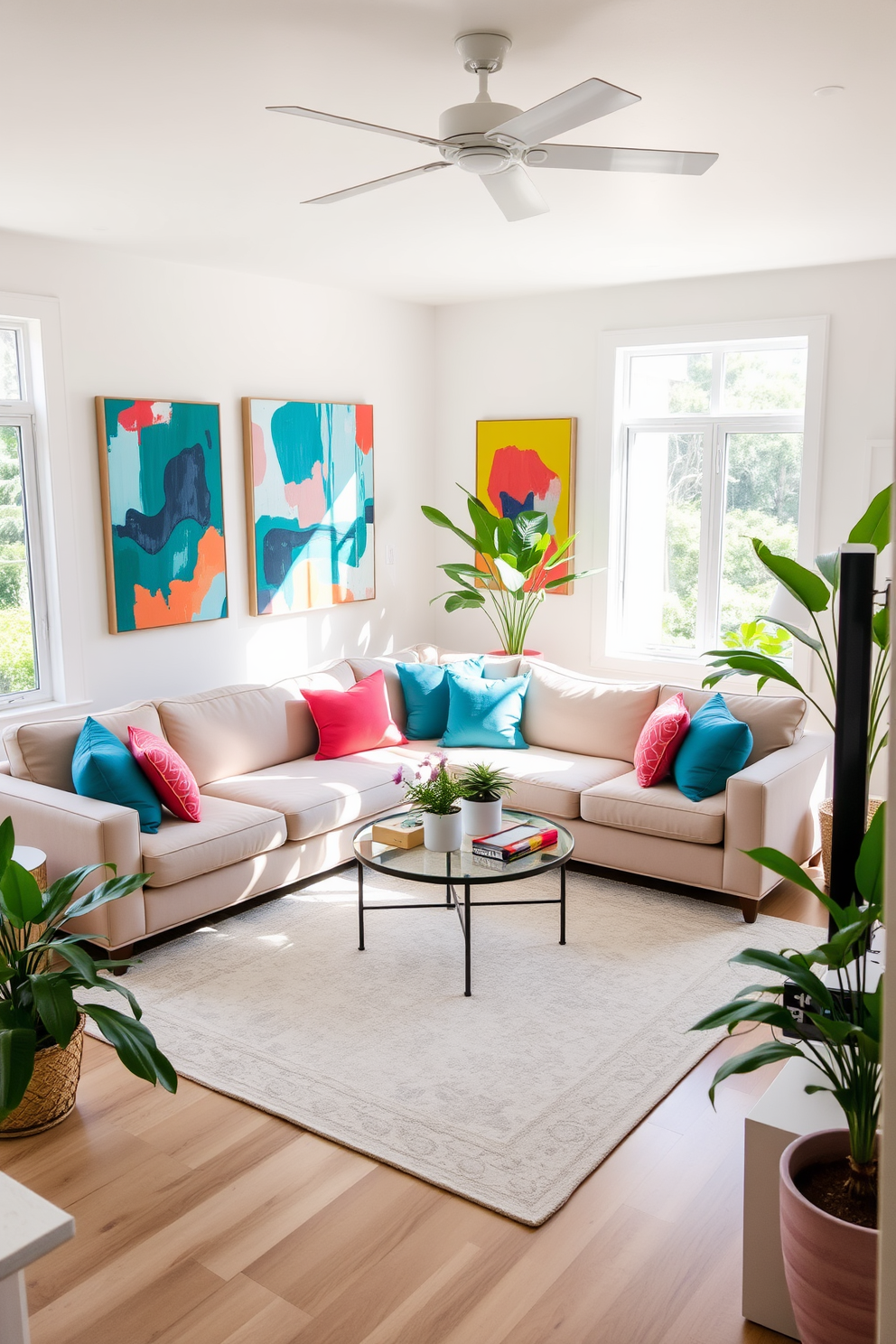 A bright and airy living room filled with natural light. The walls are adorned with vibrant abstract art pieces that add a splash of color to the space. A comfortable sectional sofa in a soft beige tone is accented with bold throw pillows in shades of teal and coral. A large area rug in a geometric pattern anchors the seating area, while potted plants bring a touch of summer greenery indoors.