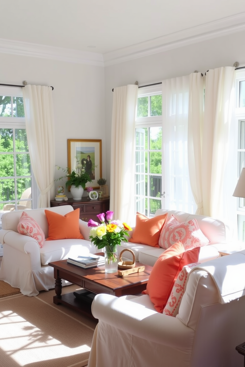 A bright and airy living room filled with natural light. Light-colored slipcovers drape elegantly over the sofa and armchairs, creating a relaxed and inviting atmosphere. The space is adorned with cheerful summer decor, including vibrant throw pillows and fresh flowers in a vase. Soft, sheer curtains flutter gently in the breeze, enhancing the seasonal charm of the room.