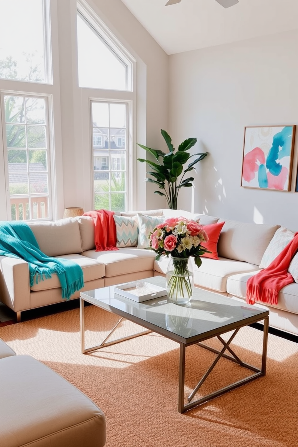 A bright and airy living room featuring a soft beige sofa adorned with vibrant throw blankets in shades of turquoise and coral. Large windows allow natural light to flood the space, highlighting a stylish coffee table with a decorative centerpiece of fresh flowers. In the corner, a tall indoor plant adds a touch of greenery, while a woven rug anchors the seating area. Wall art with abstract designs complements the color scheme, creating a cheerful and inviting atmosphere perfect for summer.