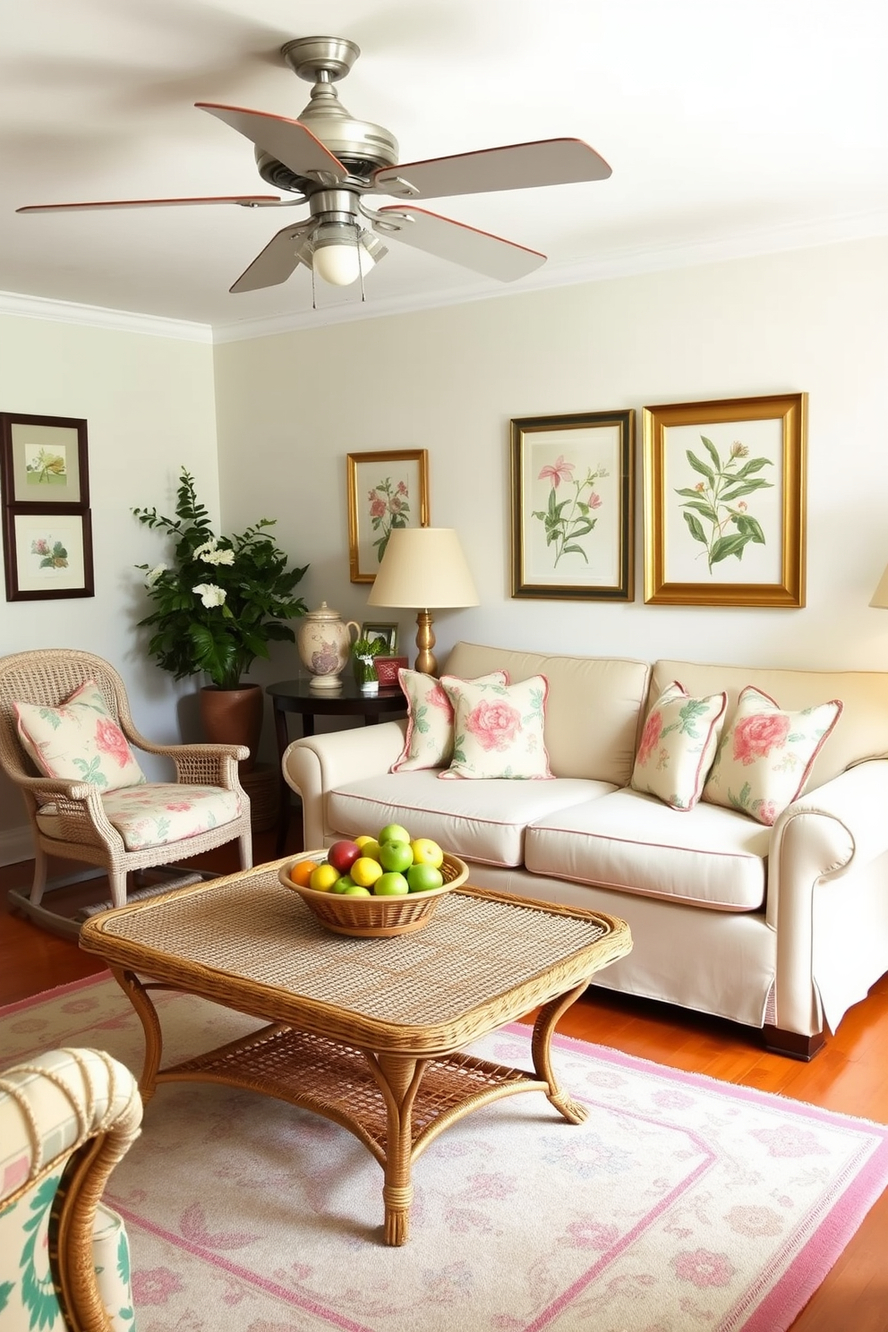 A charming living room adorned with vintage summer-themed decor items. The space features a pastel-colored sofa with floral cushions and a wicker coffee table topped with a bowl of fresh fruit. On the walls, framed botanical prints in soft hues add a touch of nature. A vintage ceiling fan gently stirs the air, while a patterned area rug brings warmth to the hardwood floor.