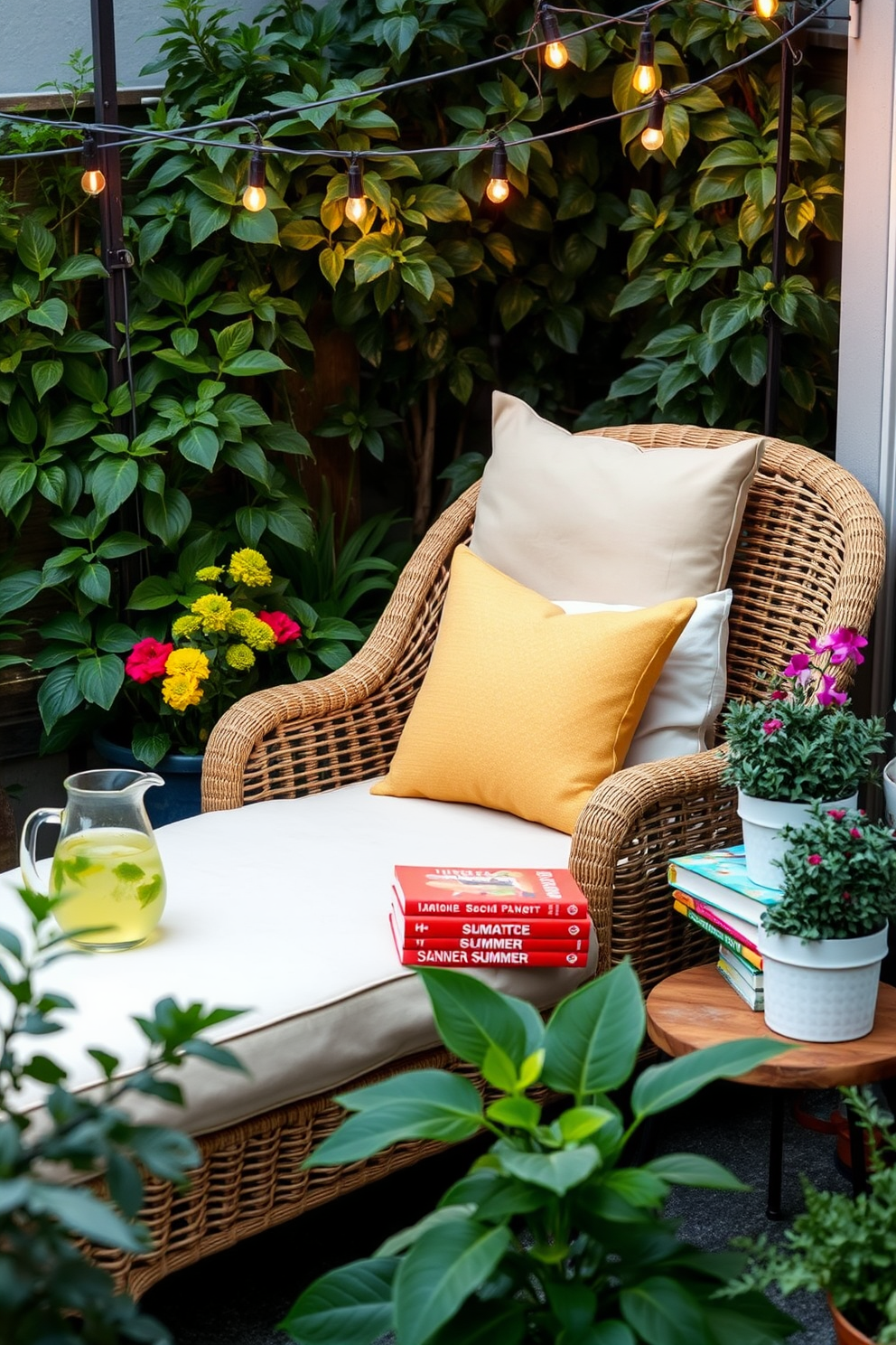 A cozy outdoor-inspired corner features a comfortable rattan lounge chair adorned with soft, colorful cushions. Nearby, a small wooden side table holds a refreshing pitcher of lemonade and a stack of vibrant summer-themed books. Lush greenery surrounds the space, with potted plants adding a touch of nature. String lights are delicately draped overhead, creating a warm and inviting atmosphere for evening relaxation.