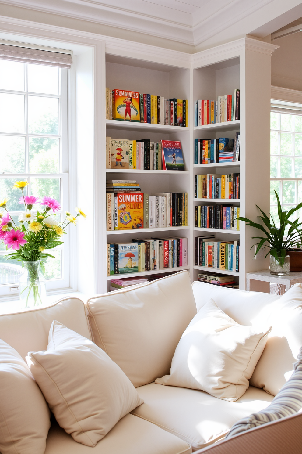 A bright and airy living room filled with natural light. The shelves are adorned with summer-themed books, showcasing vibrant covers and colorful spines. The decor features fresh flowers in a vase and light, breezy fabrics that complement the seasonal theme. Soft pastel cushions are scattered on a comfortable sofa, inviting relaxation and enjoyment of the summer ambiance.