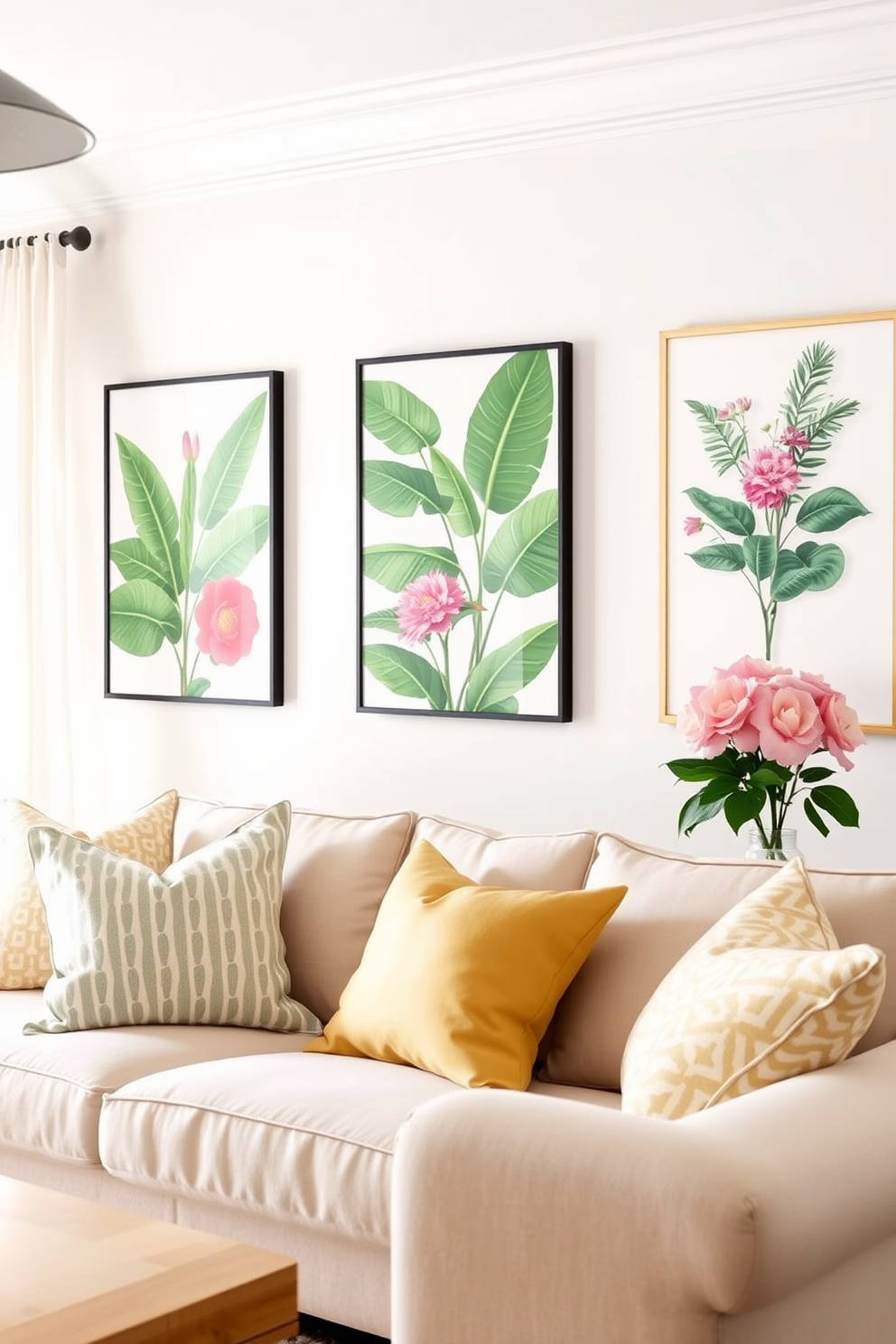 Create a bright and airy living room featuring botanical prints as wall decor. The prints should showcase lush green leaves and vibrant flowers, adding a refreshing touch to the space. Incorporate light, breezy fabrics for summer decorating ideas. Use sheer curtains and soft cushions in pastel colors to enhance the cheerful atmosphere.